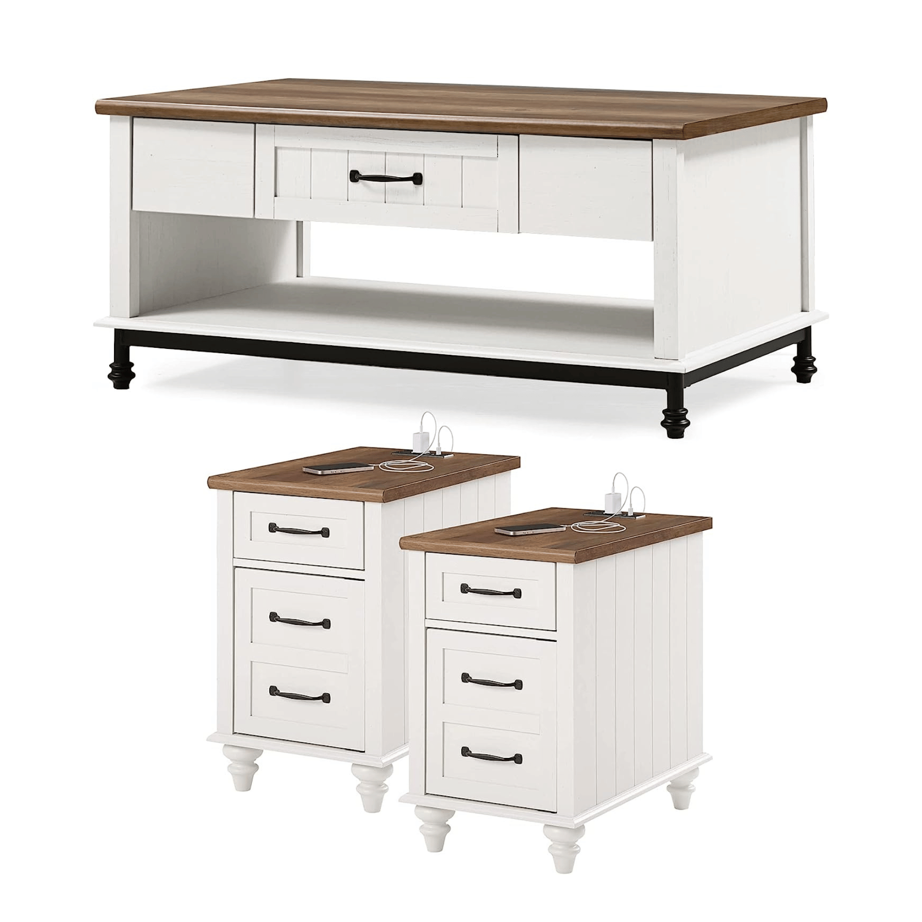 WAMPAT 24" White End Table with Charging Station, Farmhouse Side Table with Storage, 2 Power outlets & 2 USB Ports for Living Room