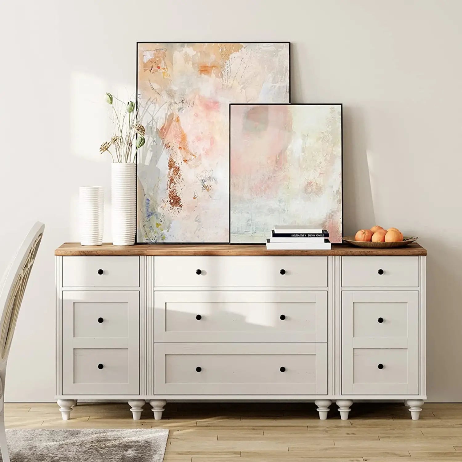WAMPAT 34" Dresser for Bedroom with 3 Drawers, White Kids Dressers with Wide Chest of Drawers, Mid Century Modern Wooden Closet Storage Organizer, Small Dressers for Living Room, Nursery, Hallway
