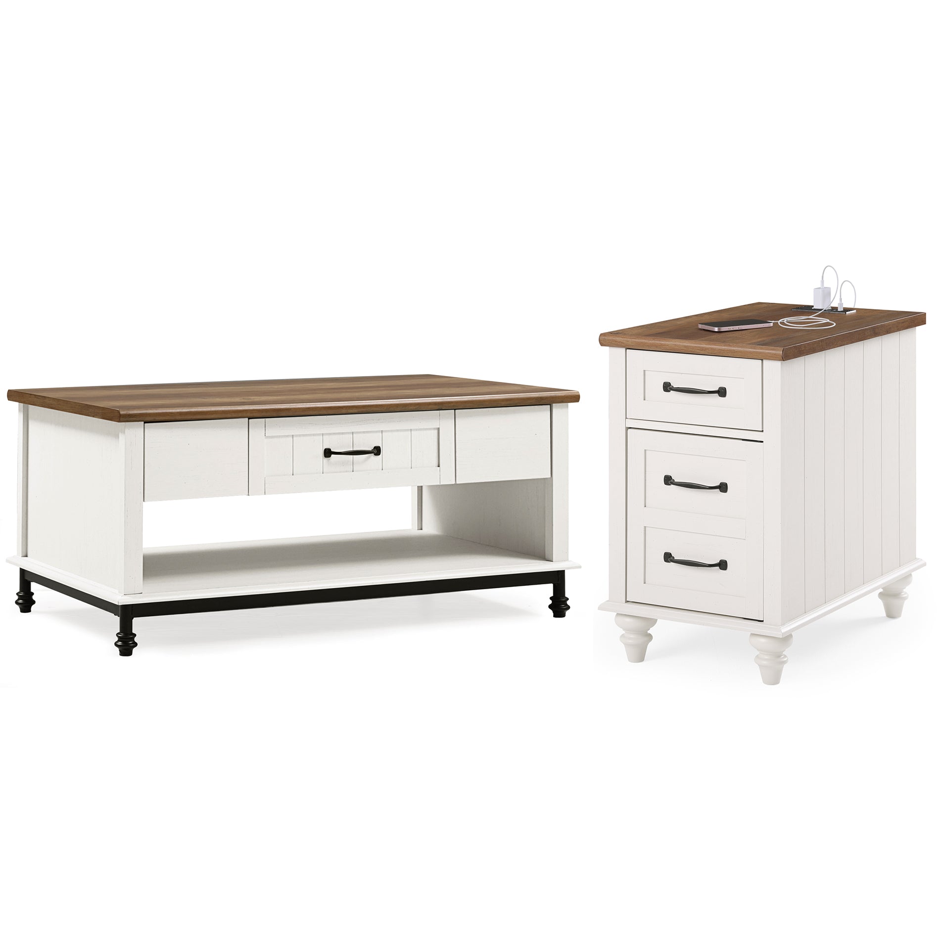 WAMPAT 42" Farmhouse Coffee Table with 1 Drawer & Open Storage Shelf for Living Room, White