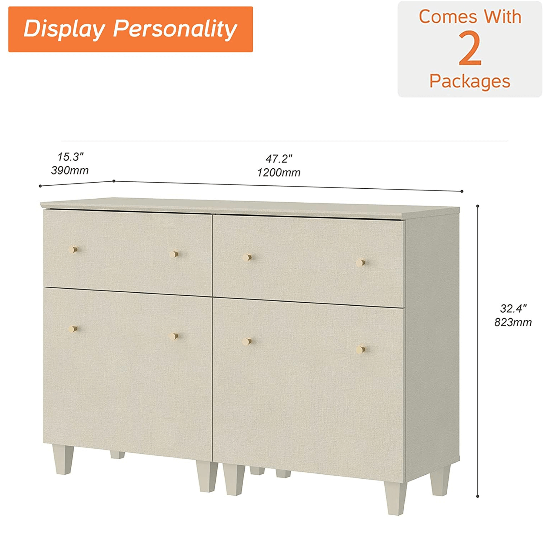 WAMPAT Set of 2 Storage Cabinet for Living Room, 2-in-1 Living Room Beige Wood Side Cabinets, Beige Fabric Texture Finish