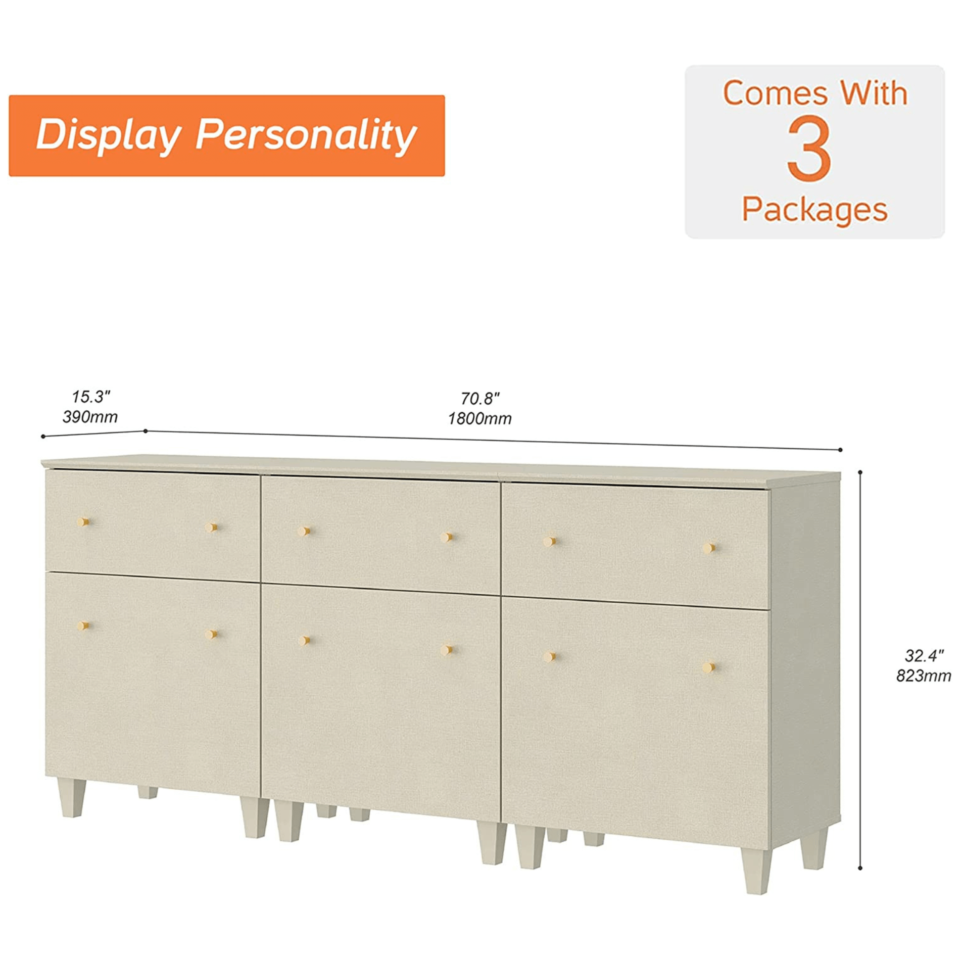 WAMPAT Set of 3 Storage Cabinets, Kitchen Sideboards with Drawers and Doors, Modern Beige Coffee Bar Cabinets for Living Room, Entryway