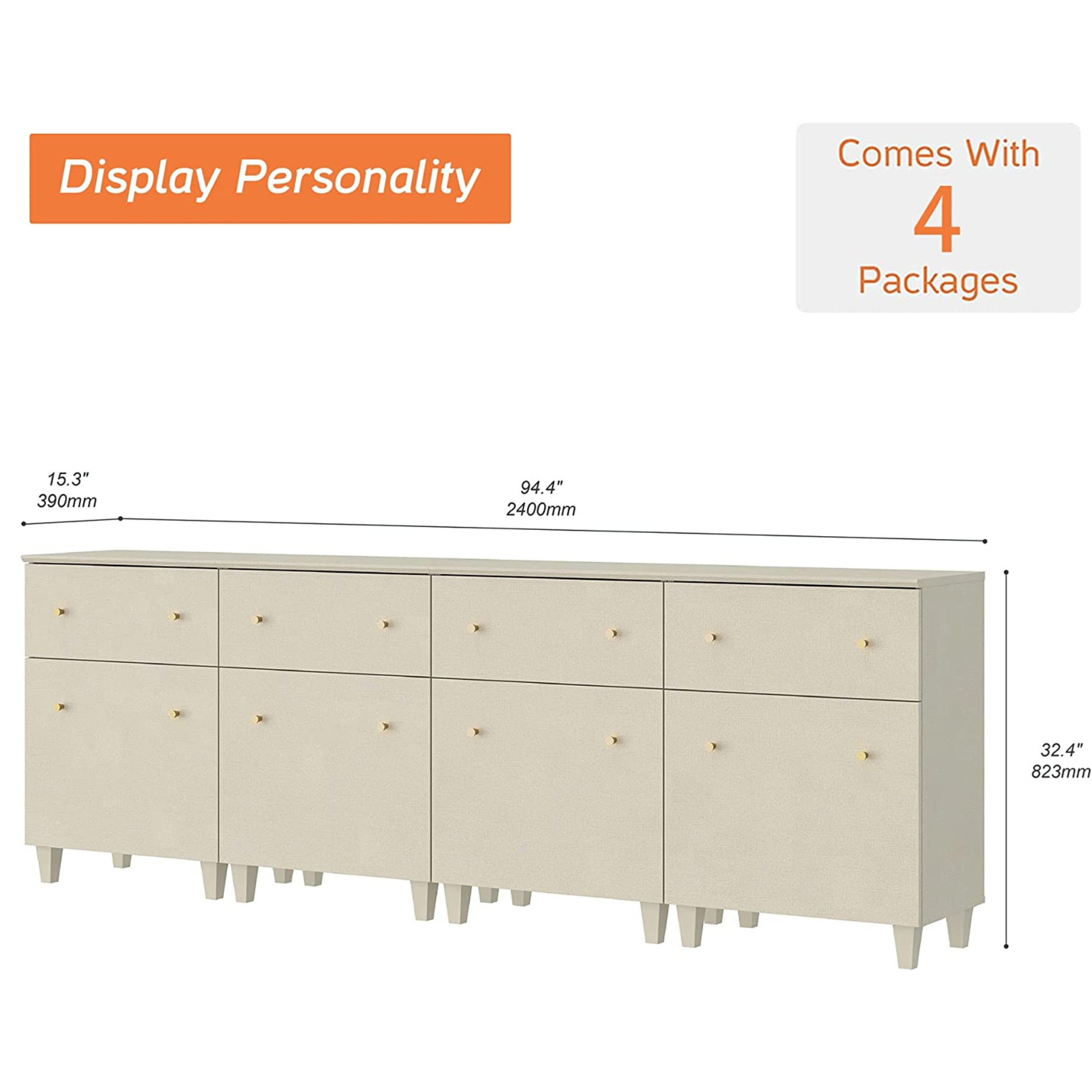 WAMPAT 94.4" Storage Cabinets for Living Room, 4-in-1 Kitchen Sideboards with Drawers and Doors, Beige Accent Cabinets for Hallway, 4 Packs