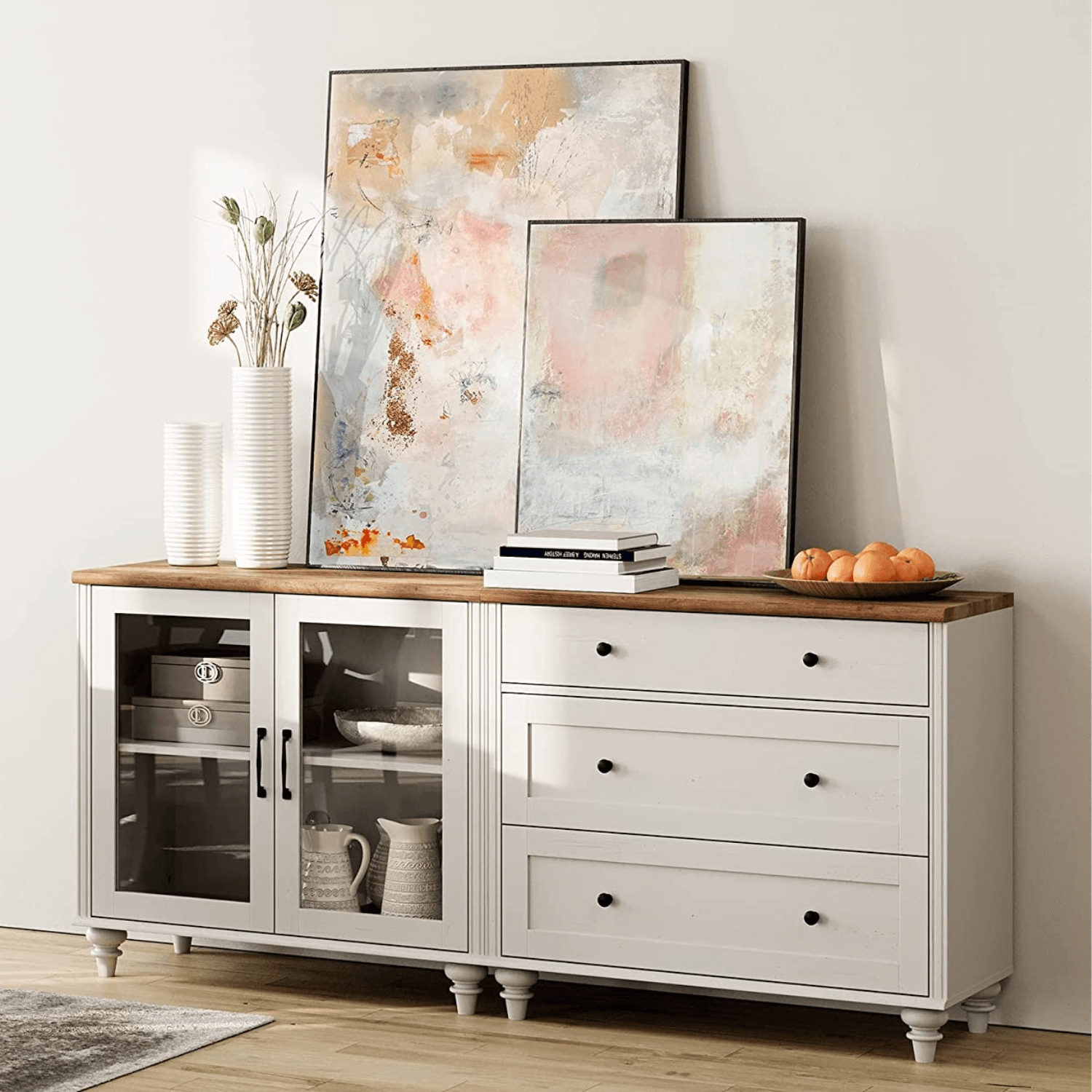WAMPAT 68" LED Kitchen Buffet Cabinet with Storage Cabinet & 3 Drawers, Accent Sideboard Cupboard with Adjustable Shelf, White
