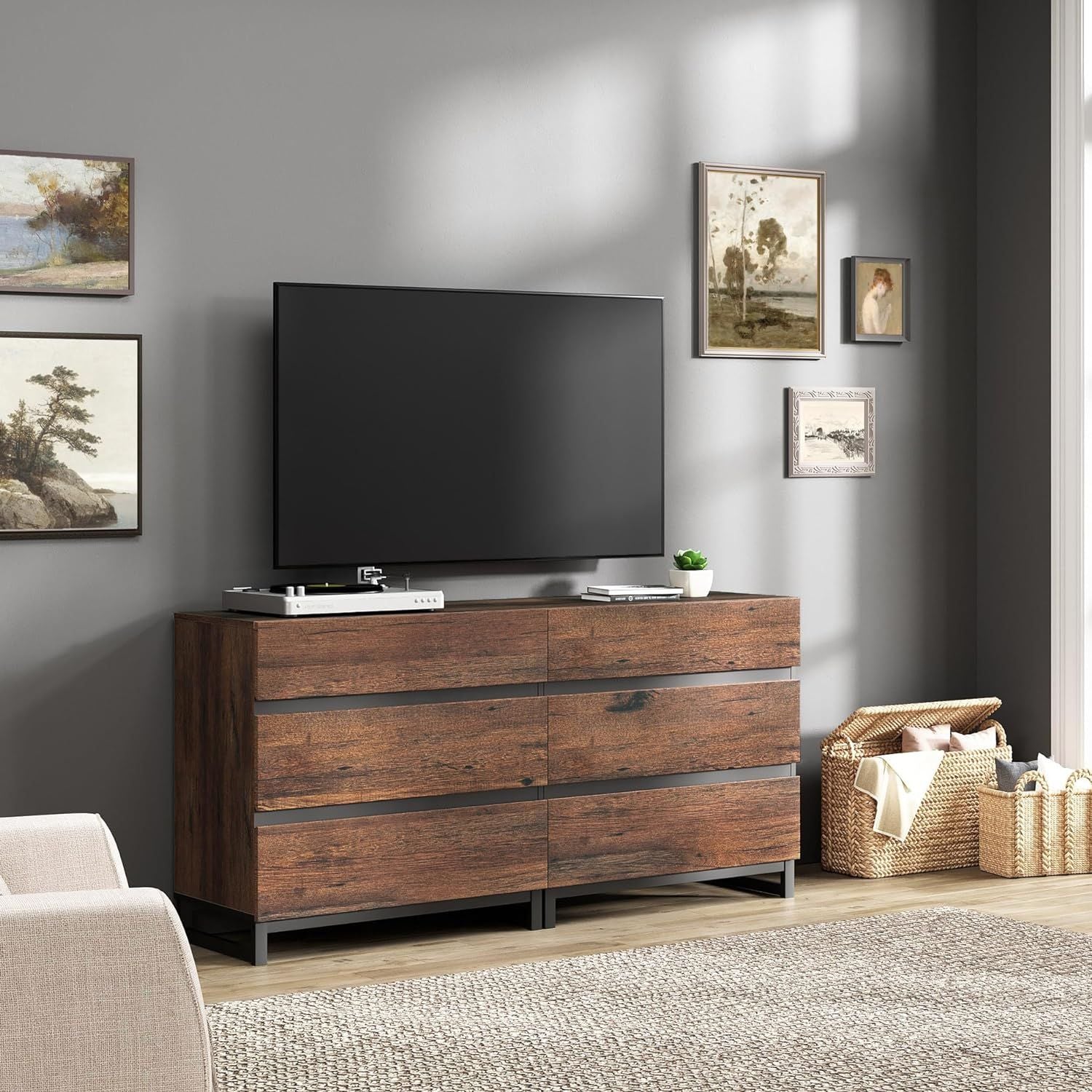 WAMPAT Modern TV Stand for TVs up to 42 inch, Entertainment Center TV Console with 3 Drawers & Metal Base, Media Console for Living Room, Bedroom, Brown