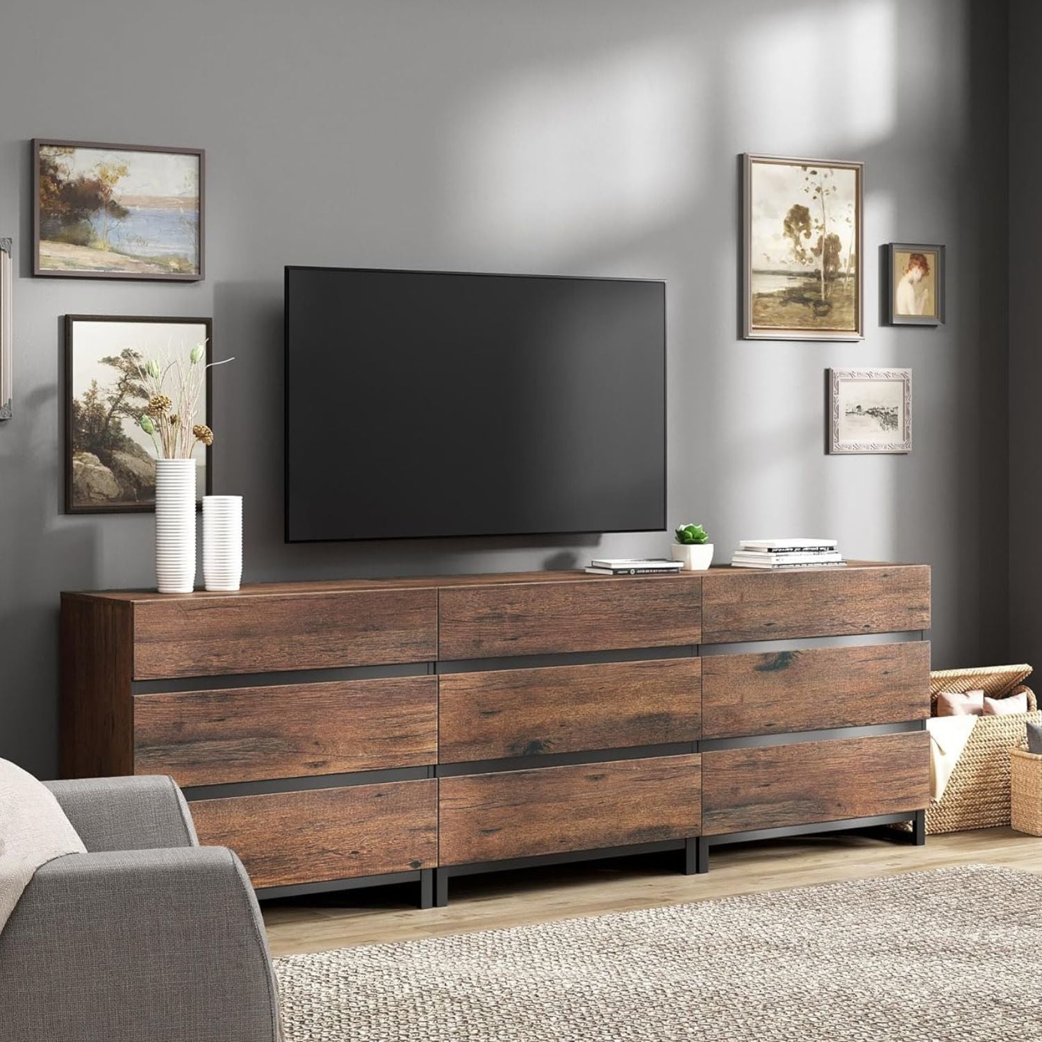 WAMPAT Modern TV Stand for TVs up to 42 inch, Entertainment Center TV Console with 3 Drawers & Metal Base, Media Console for Living Room, Bedroom, Brown