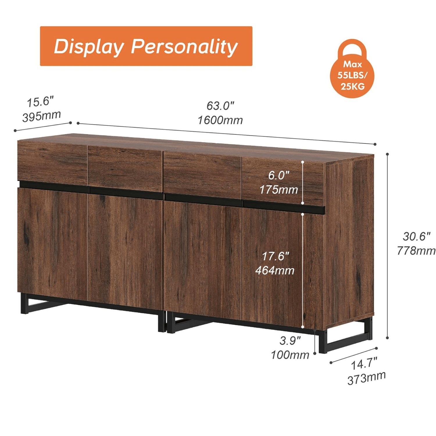 WAMPAT Storage Cabinet, Modern Sideboard with Adjustable Shelf & Metal Base, Coffee Bar Cabinet for Living Room, Brown