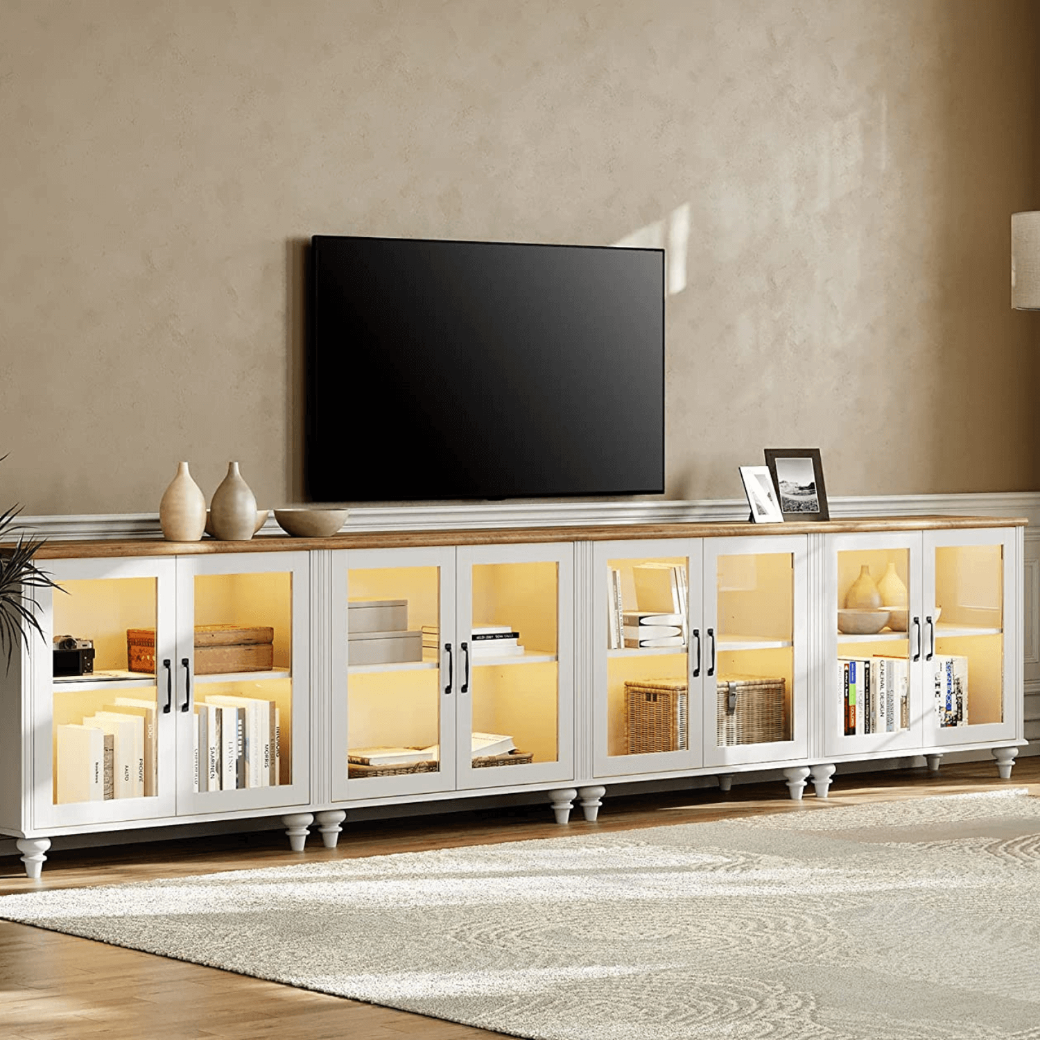 WAMPAT Large LED TV Stand for 75/80/85/90/100 Inch TV, 4-in-1 Kitchen Buffet Cabinet with Glass Door for Dining Room & Living Room, Off White