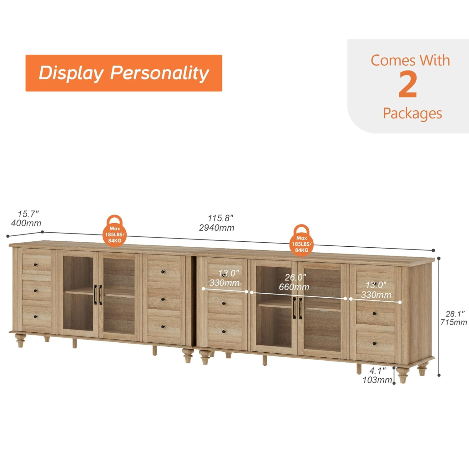 WAMPAT Sideboard Buffet Cabinets with Glass Door, Kitchen Storage Cabinets, Wood Coffee Bar Tables, Living Room, Oak