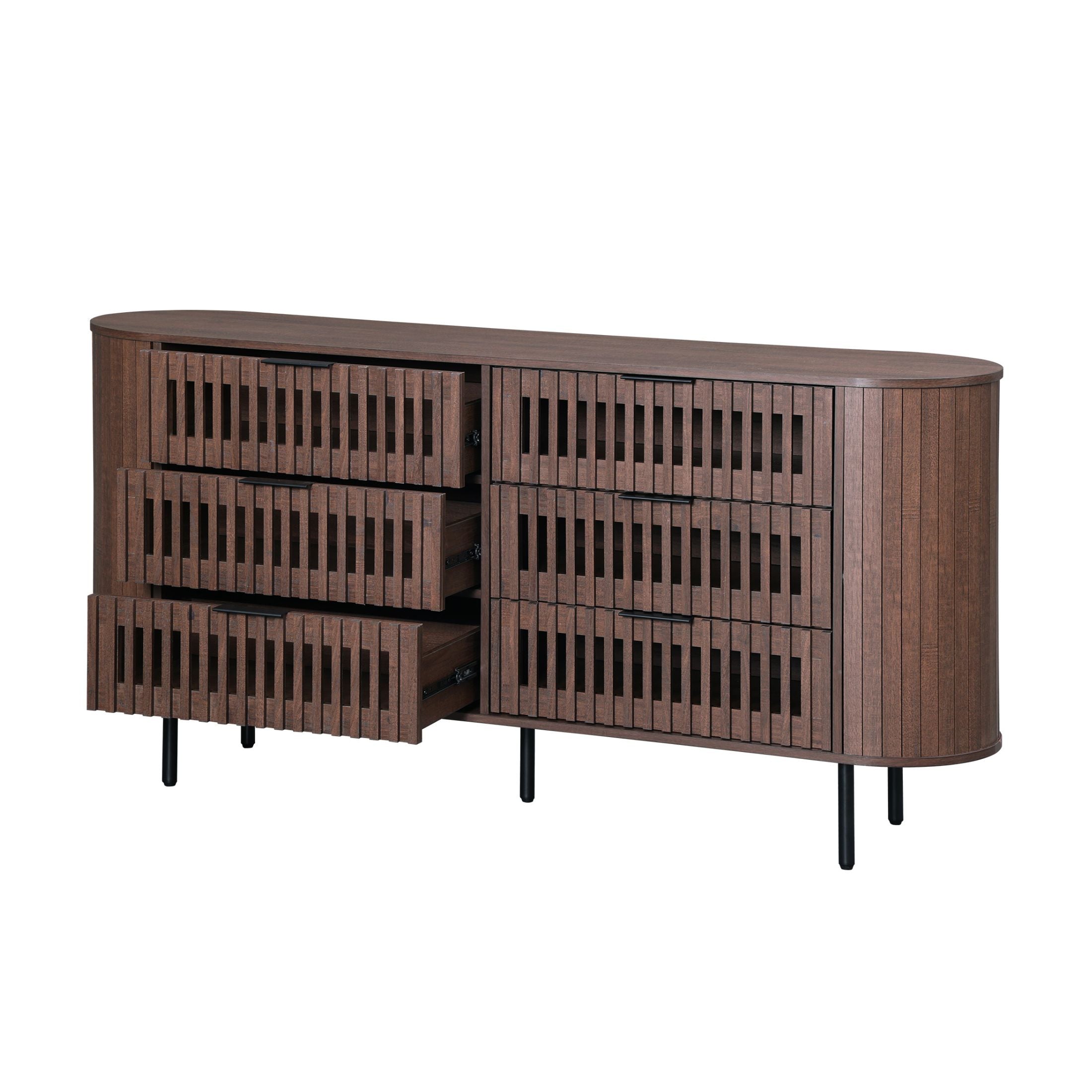 WAMPAT Wide Chest of Drawers for Bedroom, Wooden Storage Organizer with 6 Drawers, Fluted Design, Walnut