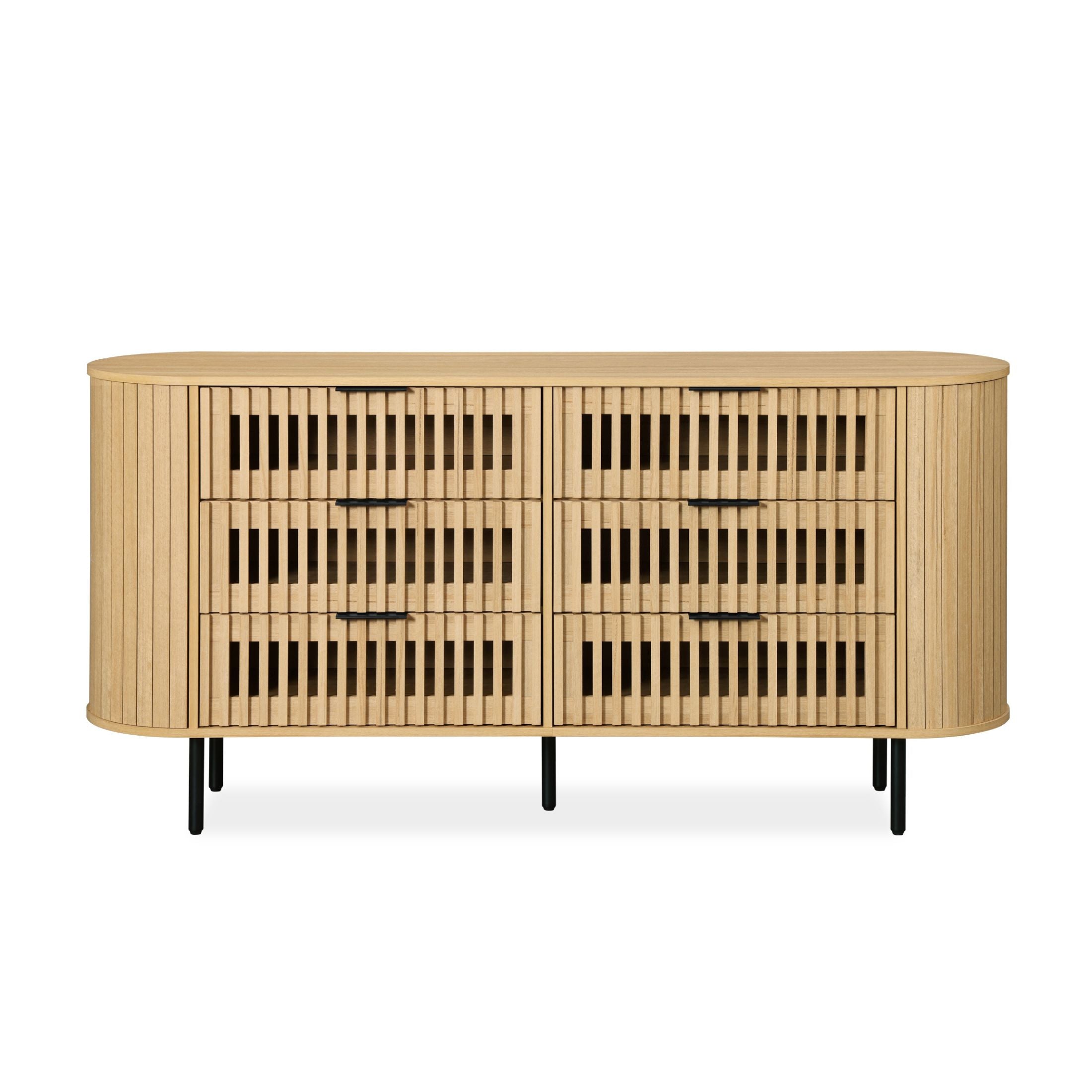 WAMPAT Wide Chest of Drawers for Bedroom, Wooden Storage Organizer with 6 Drawers, Fluted Design, Oak