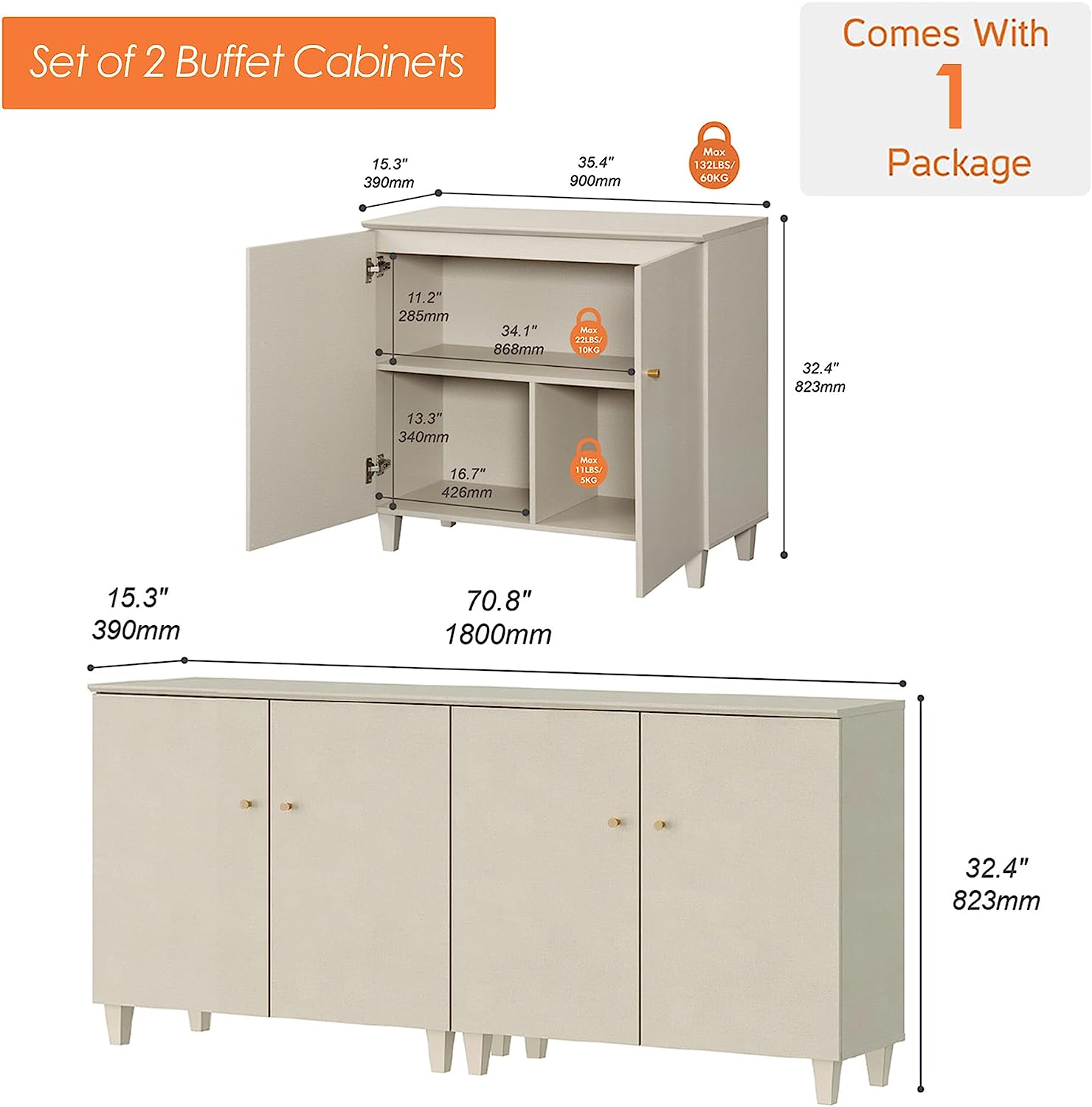 WAMPAT 70.8" Sideboard Buffet Server Cabinets with Doors, Kitchen Wood Coffee Bar Tables, Set of 2 Storage Cabinets with 6 Compartments for Dining Room, Living Room, Entryway, Beige