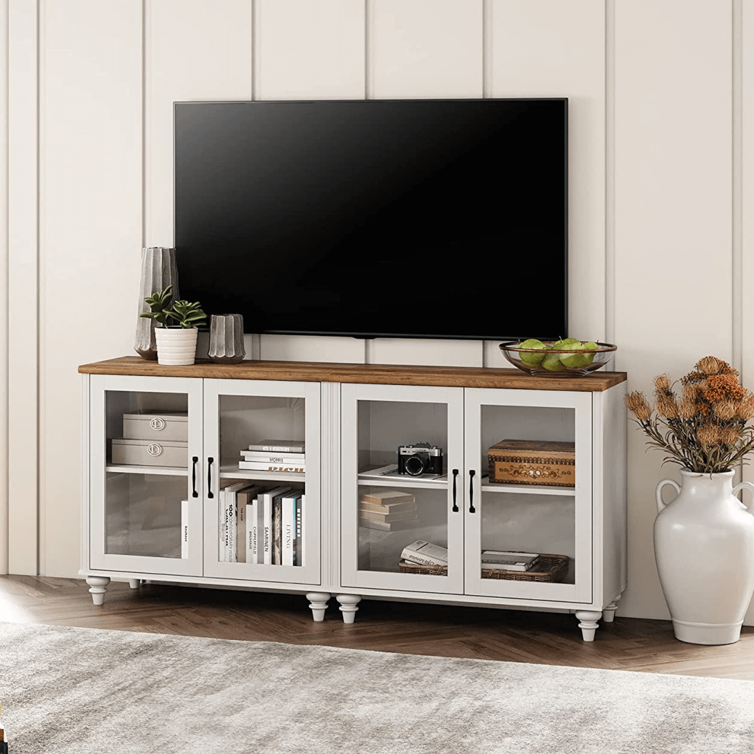 WAMPAT 67.7" LED TV Stand for 75 Inch TV, 2-in-1 Kitchen Sideboard Buffet Cabinet with Glass Door for Dining Room, Off White