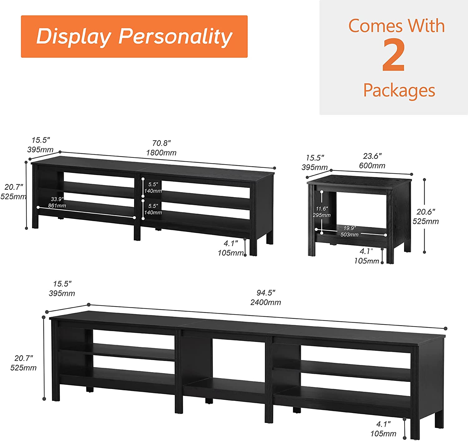 WAMPAT 95" Farmhouse TV Stand for 85 Inch TV, Black Wood Entertainment Center for 80 90 100 inch TV