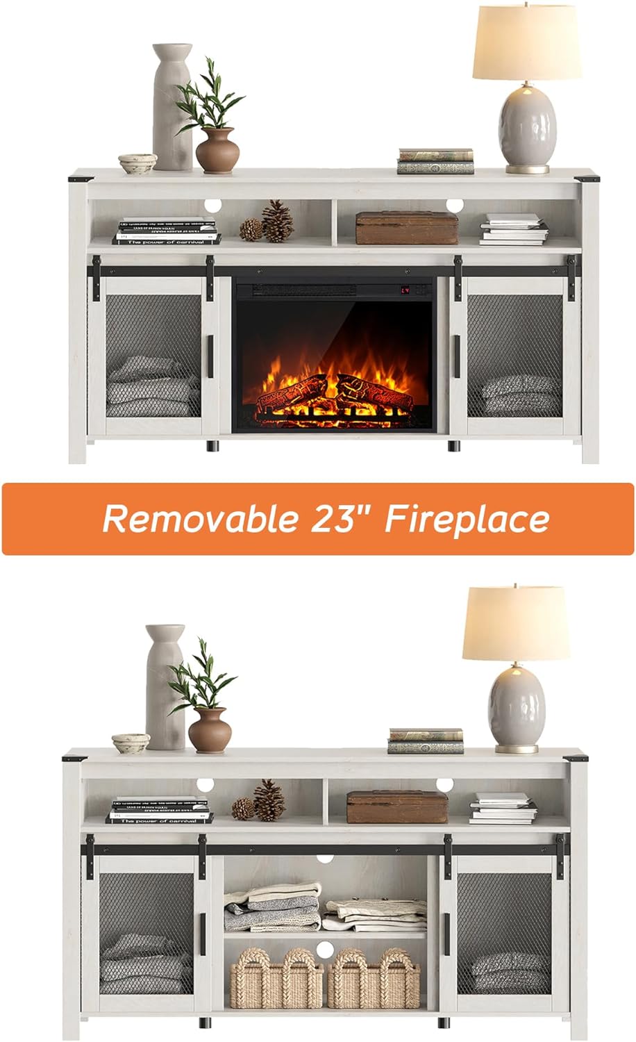 WAMPAT Fireplace TV Stand for 65+ Inch TV, Farmhouse Highboy Entertainment Center with 23" Electric Fireplace