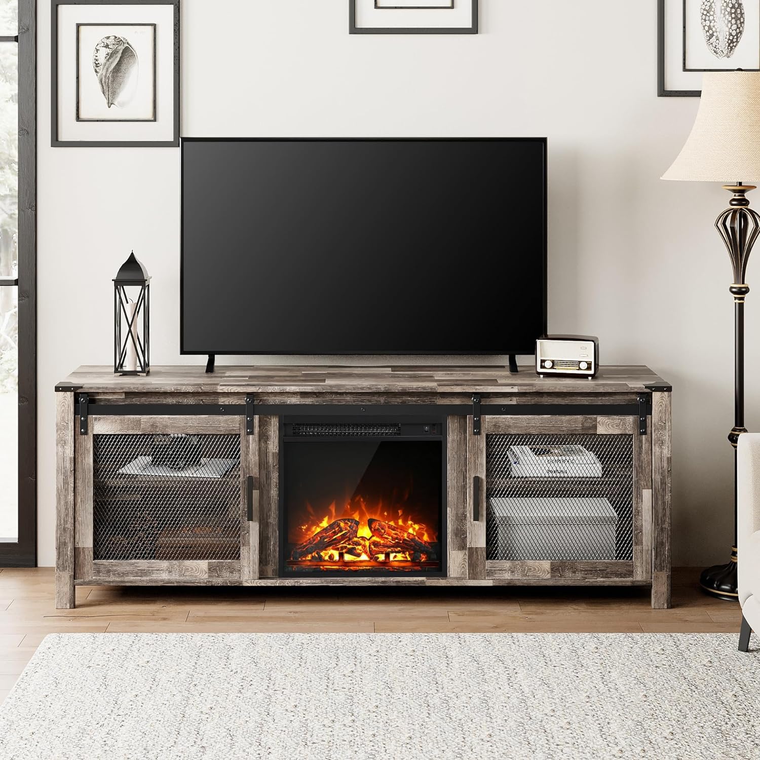 WAMPAT Fireplace TV Stand for 65+ Inch TV, Farmhouse Highboy Entertainment Center with 23" Electric Fireplace