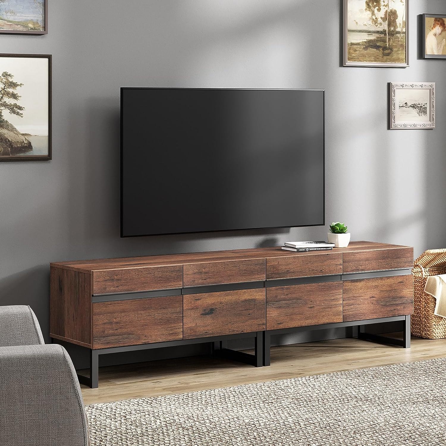 WAMPAT Modern TV Stand for TVs up to 110 inch, 3 in 1 Entertainment Center TV Console with Storage Space, Media Console for Living Room, Brown