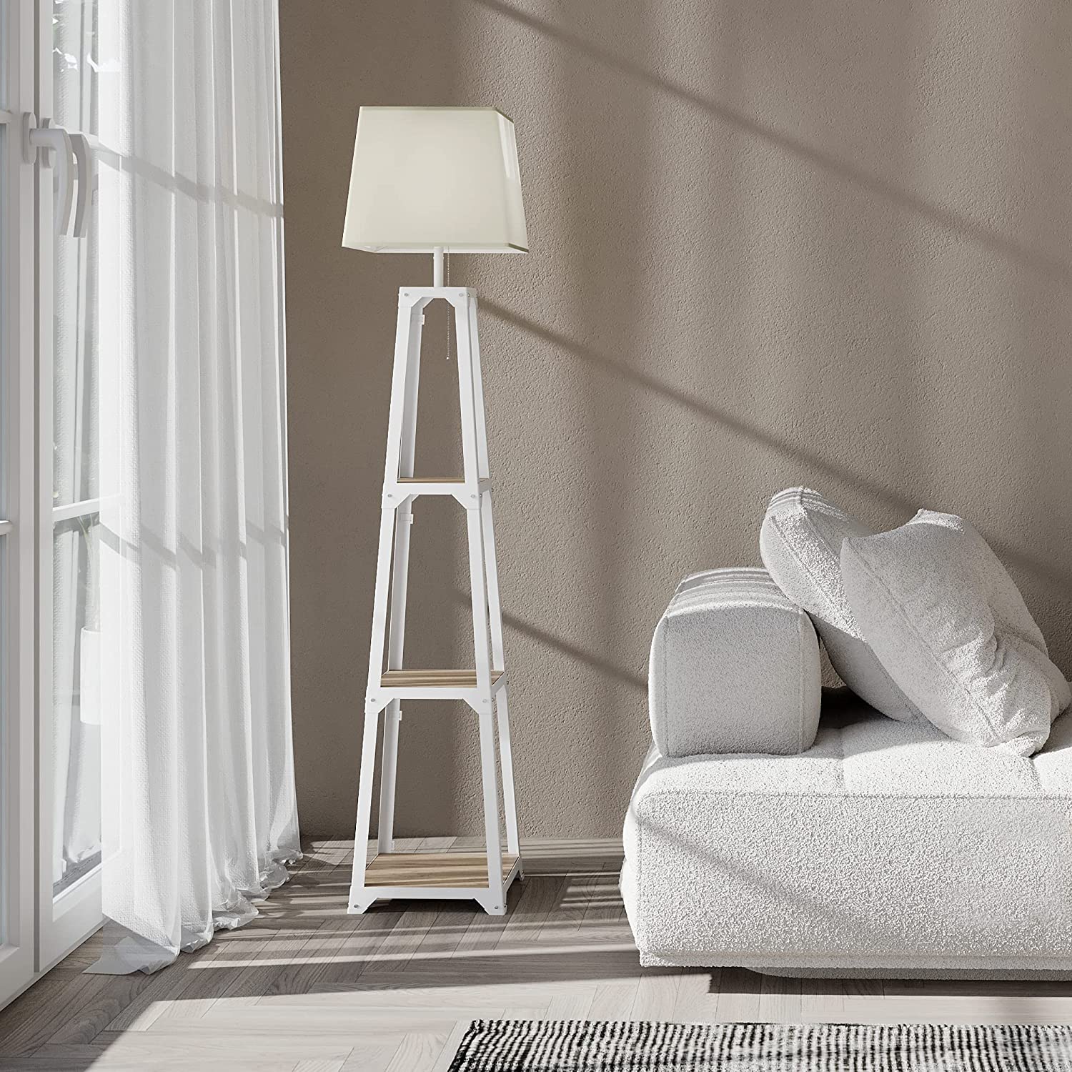WAMPAT Shelf Floor Lamp Modern Standing Light for Living Rooms Bedrooms Metal Frame with Open Box Display Shelves, White