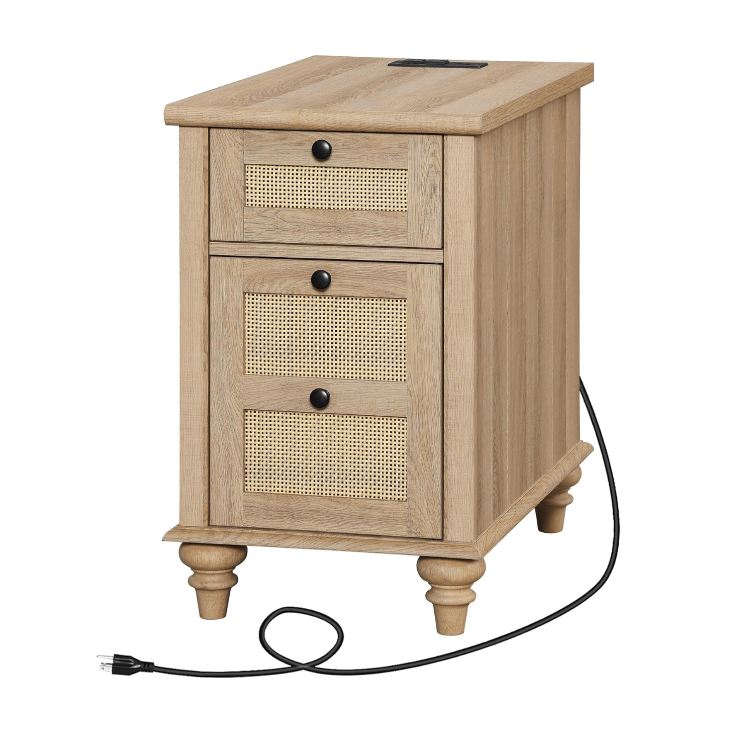 WAMPAT End Table with Charging Station, Wood Side Sofa Table Rattan Weaving Nightstand for Living Room Bedroom, Oak
