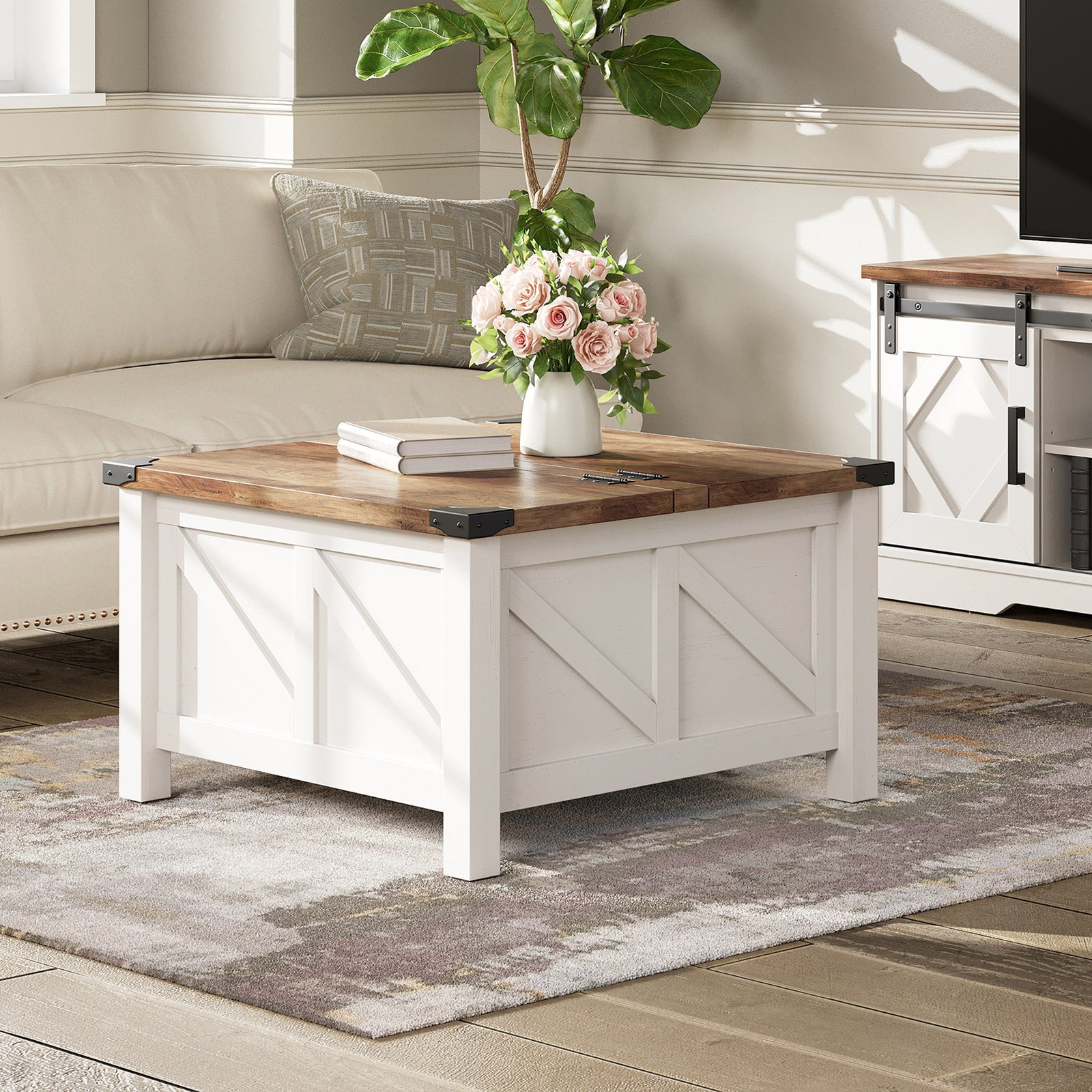 White Farmhouse Coffee Table WAMPAT 30" Modern Farmhouse Square Coffee Table with Gas Struts Li
ft-T