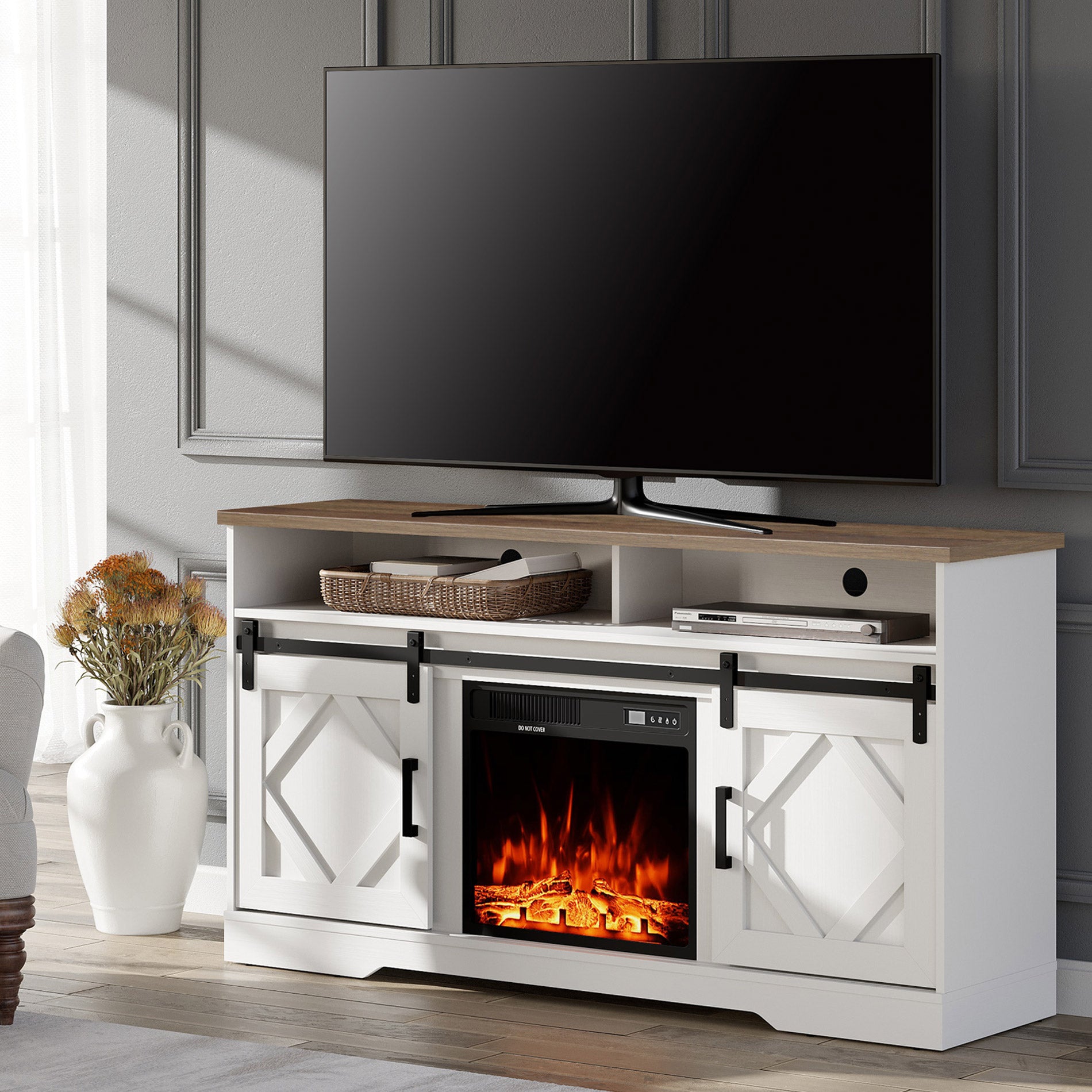 White farmhouse tv stand deals with fireplace