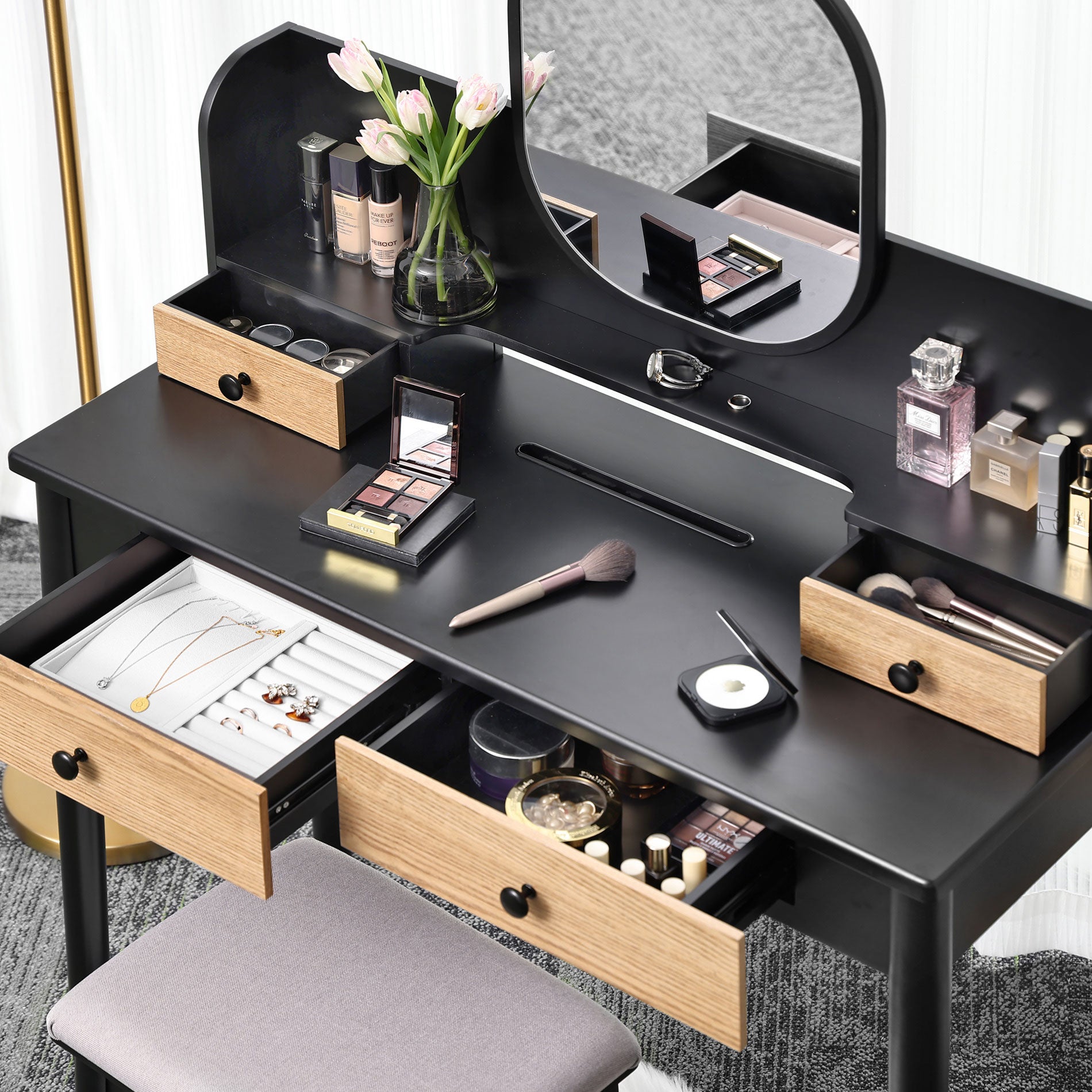 ELEGANT Corner Dressing Table Makeup Dresser Table with 3 Large Mirrors 5  Drawers Vanity Console Bedroom Modern Furniture, Single table