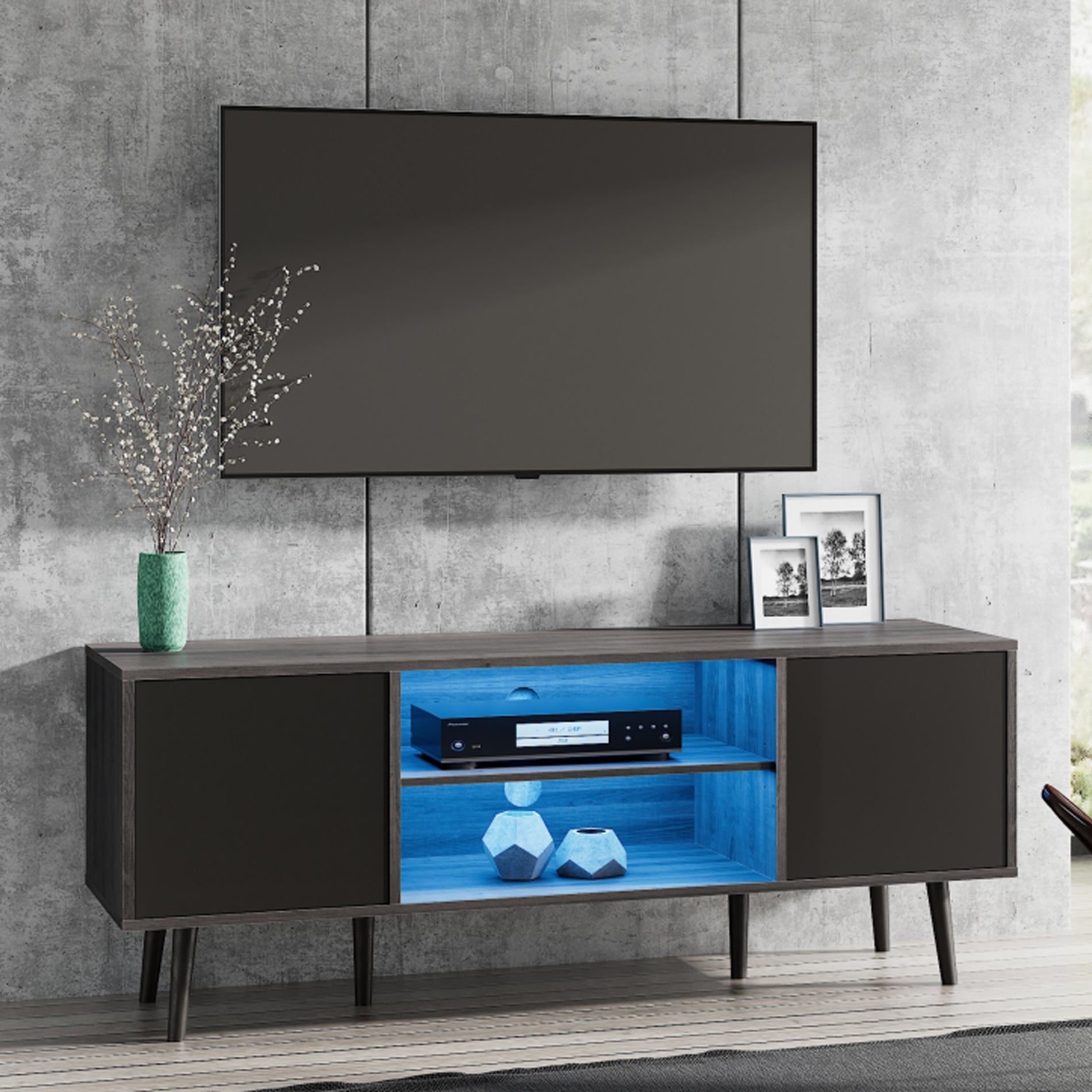 WAMPAT 60" Mid-Century Modern TV Stand for 32-65 Inch TV, Wood TV Console Media Cabinet with Blue LED, Black