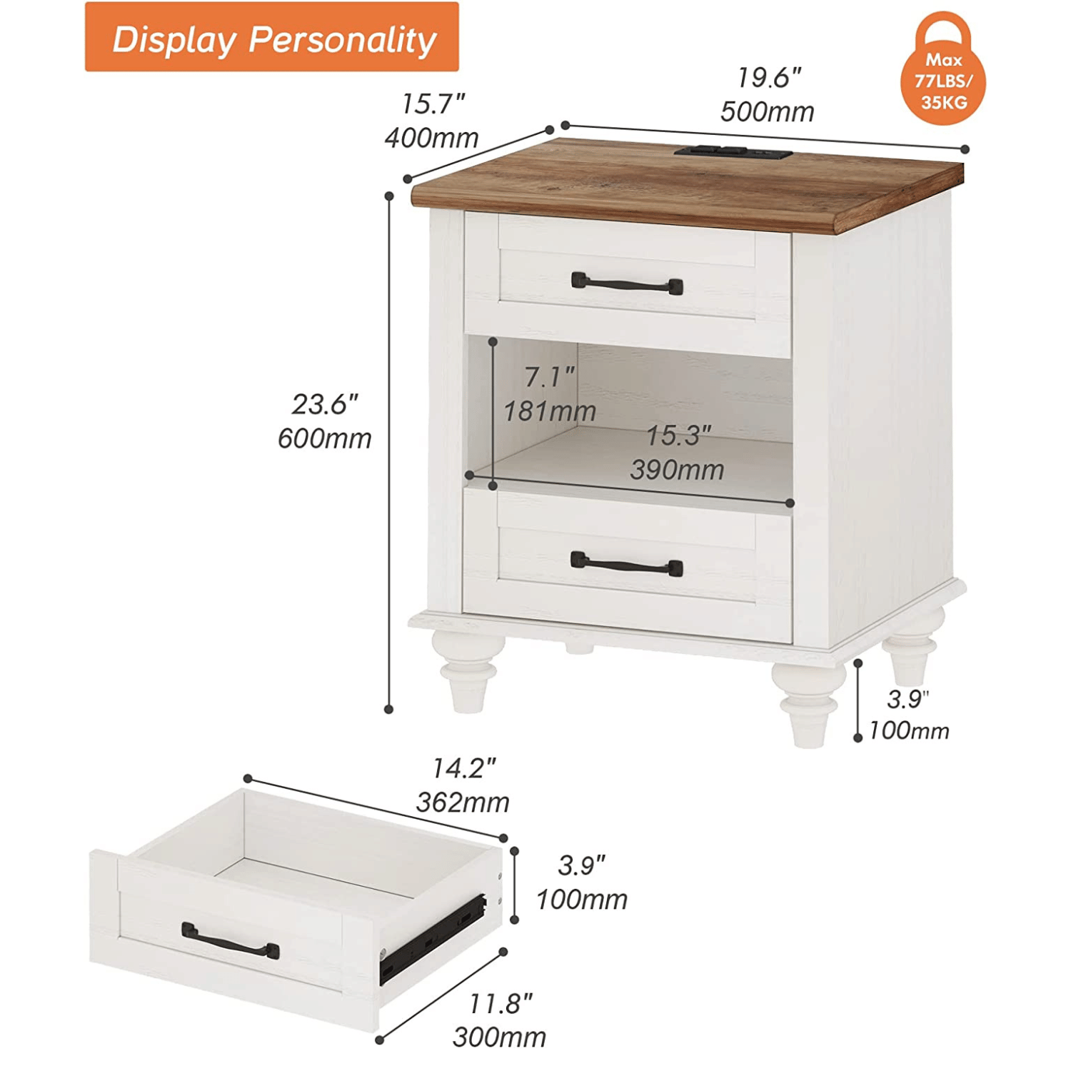 WAMPAT 24" Tall White End Table with Charging Station & 2 USB Ports, Farmhouse Night Stand for Living Room Bedroom
