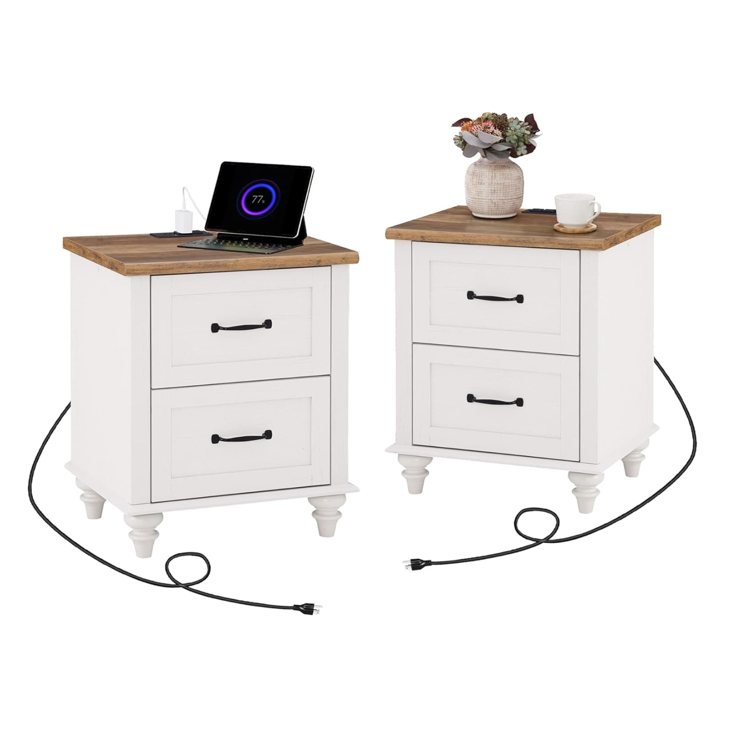 WAMPAT 19.6" White End Table with Charging Station, Farmhouse Nightstand with Storage, 2 Power outlets & 2 USB Ports for Living Room