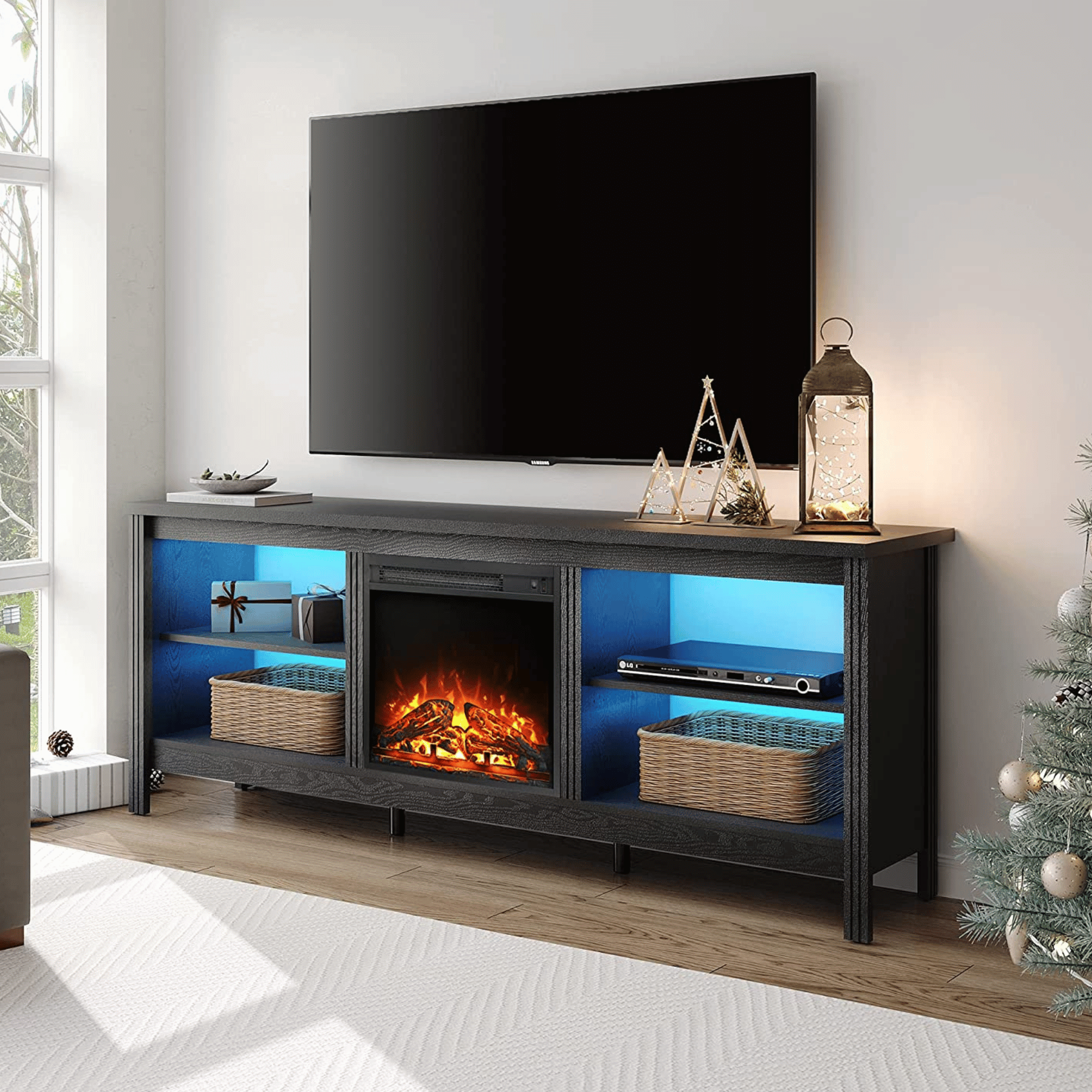 80 inch tv stand with fireplace black deals