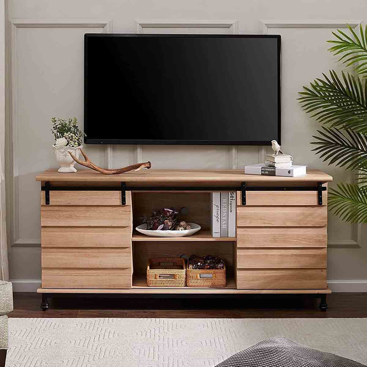WAMPAT 58” Farmhouse TV Stands for TVs up to 70 inches, Light Brown