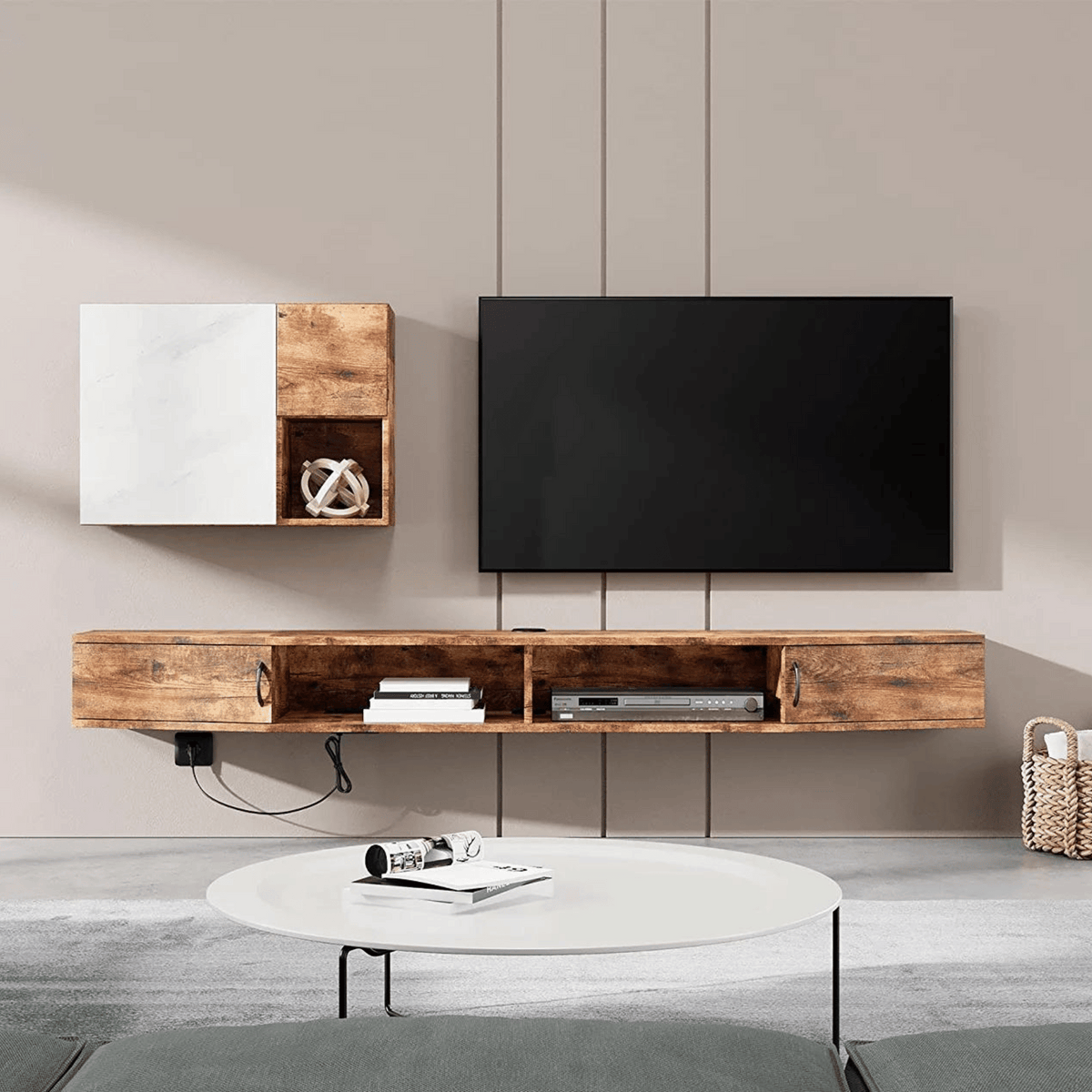 WAMPAT 70" Floating TV Shelf with Power Outlet, Wall Mounted TV Stand