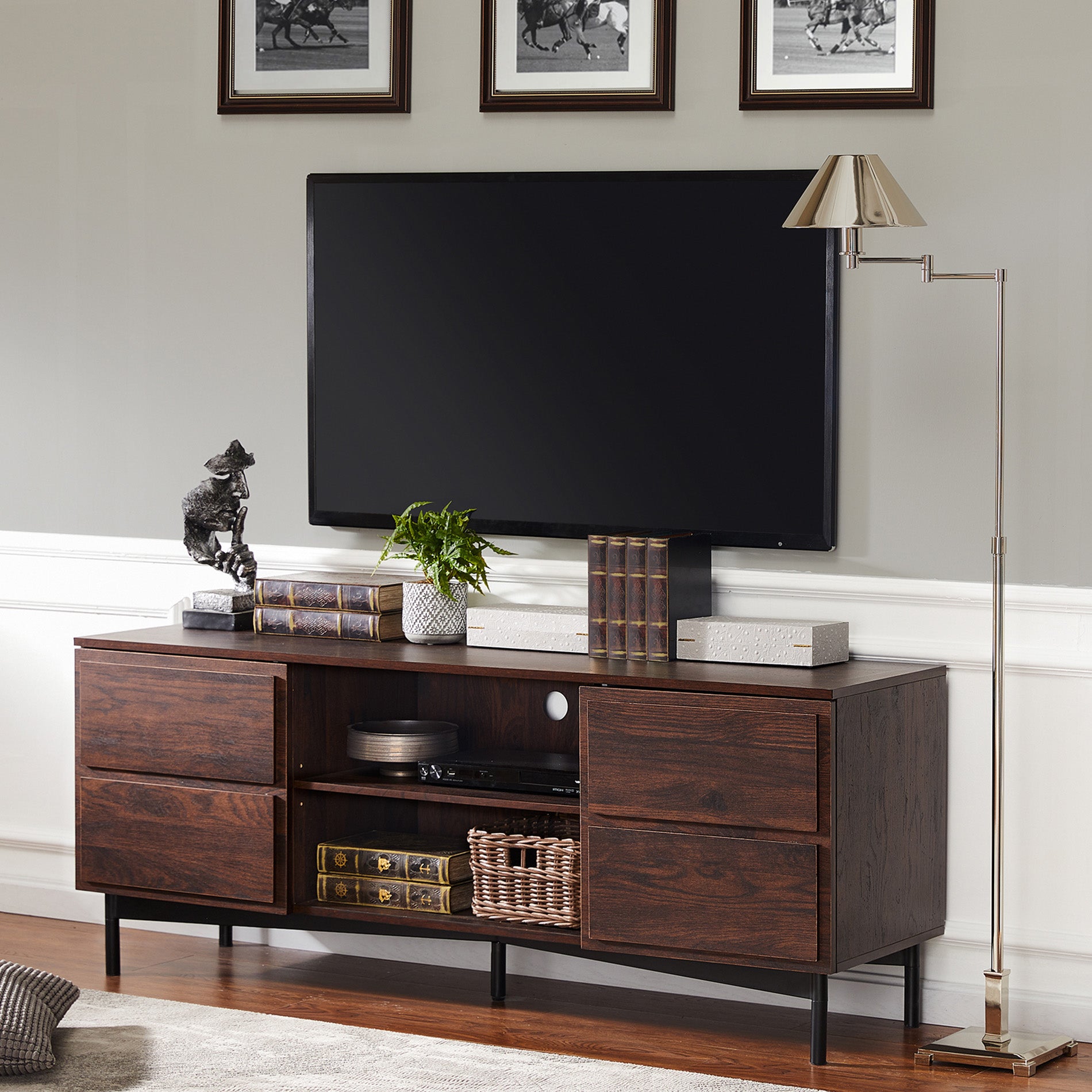 WAMPAT 58" Modern TV Stands 32-65 Inch TV, Wooden TV Storage Cabinet Console, Dark Brown