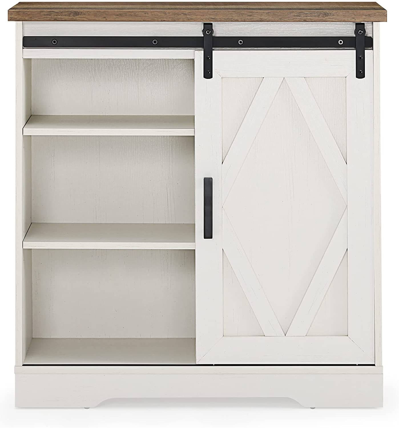 WAMPAT 35" Rustic Farmhouse Accent Buffet Sideboard Coffee Bar Cabinet with Sliding Barn Door & Yellow LED, White