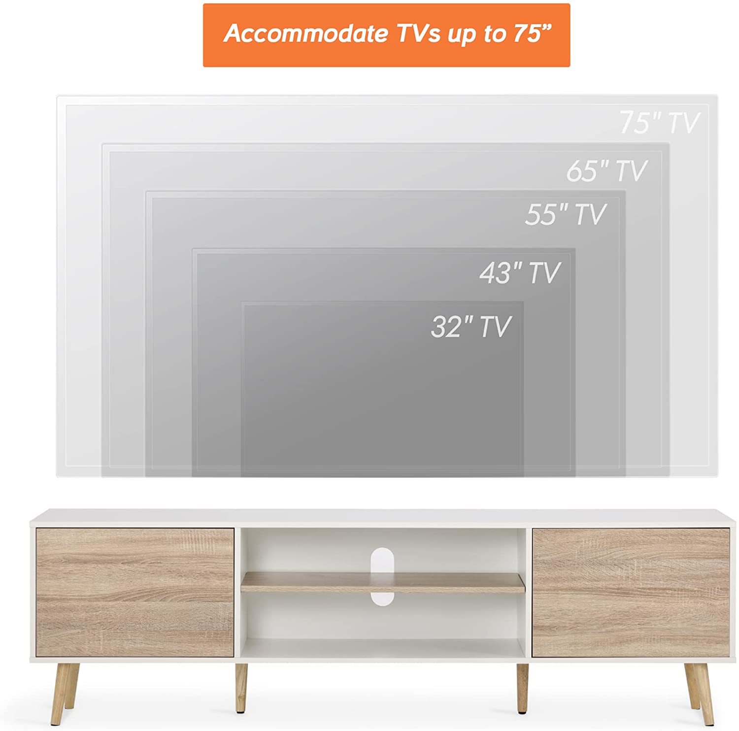 WAMPAT 70" Mid-Century Modern TV Stand for 32-75" TV, White & Oak