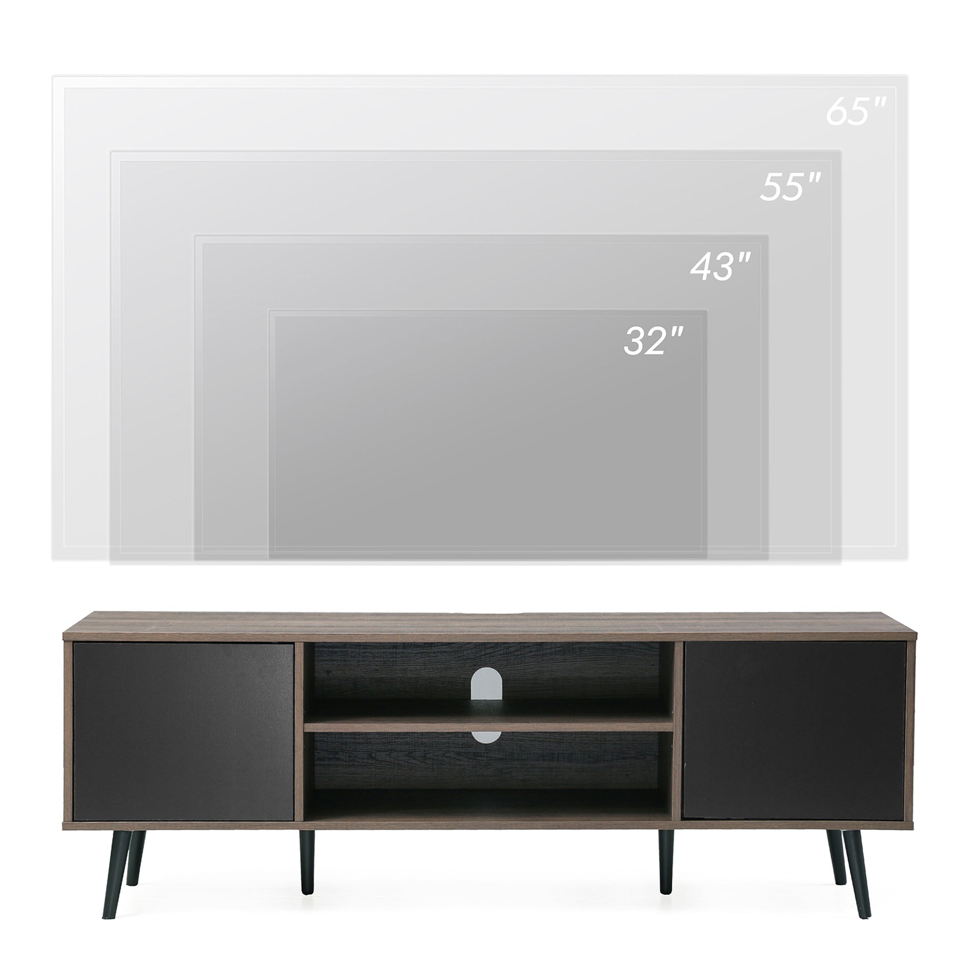 WAMPAT 60" Mid-Century Modern TV Stand for 32-65 Inch TV, Wood TV Console Media Cabinet with Yellow LED, Black