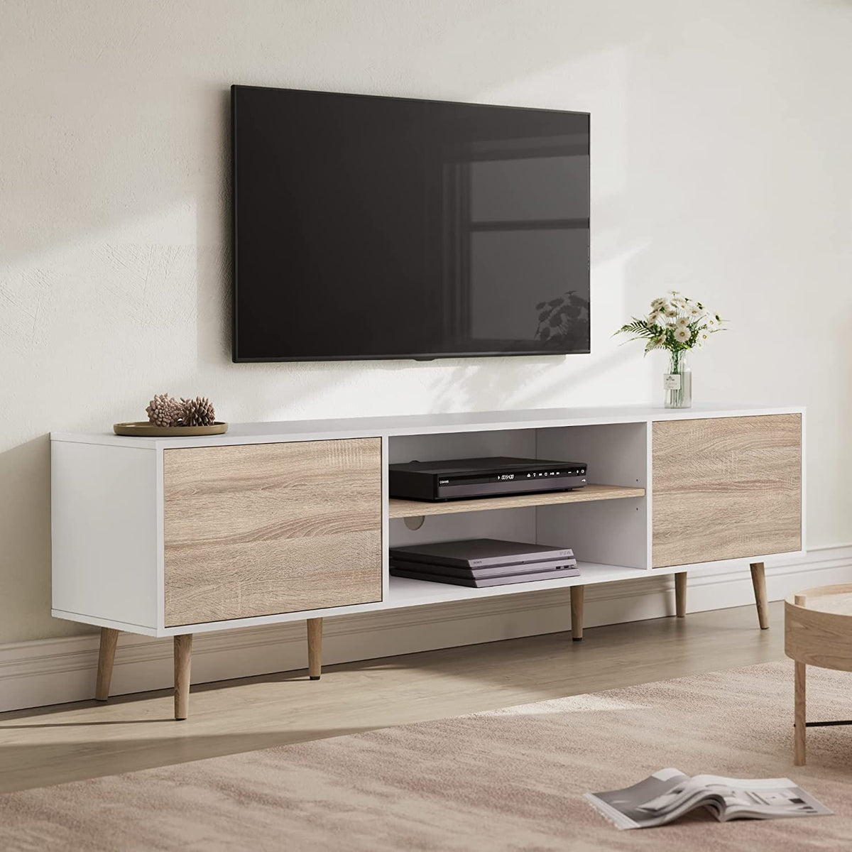 440 Solid Wood TV Unit - Mid-Century Modern Style - 180cm Wide TV Stand &  Media Cabinet - Long - Open Storage - Sliding Doors - Scandi Style Legs 