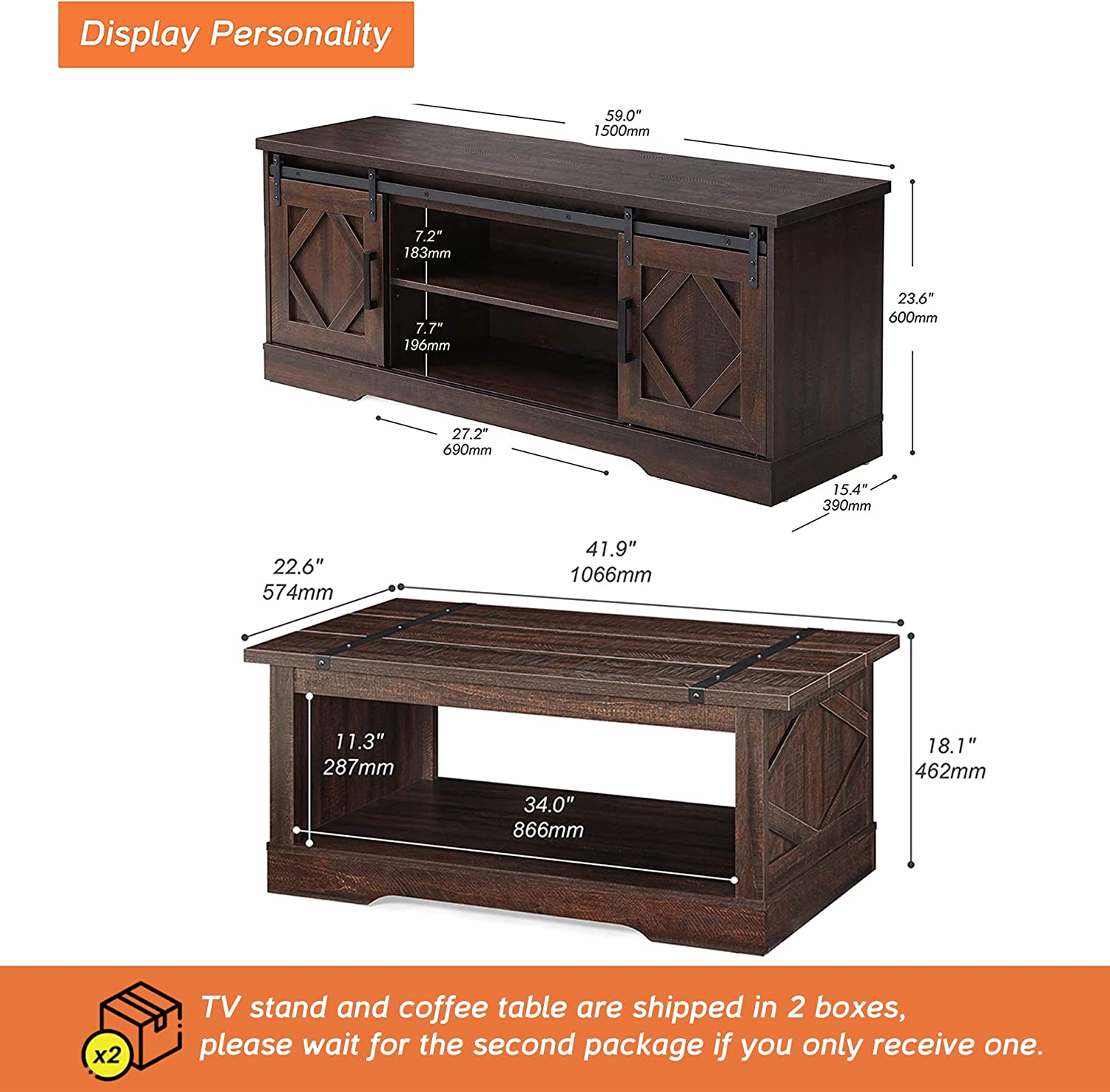 WAMPAT Farmhouse Sliding Barn Door TV Stand for 32-65 Inch TV & Coffee Table Set for Living Room, Rustic Brown