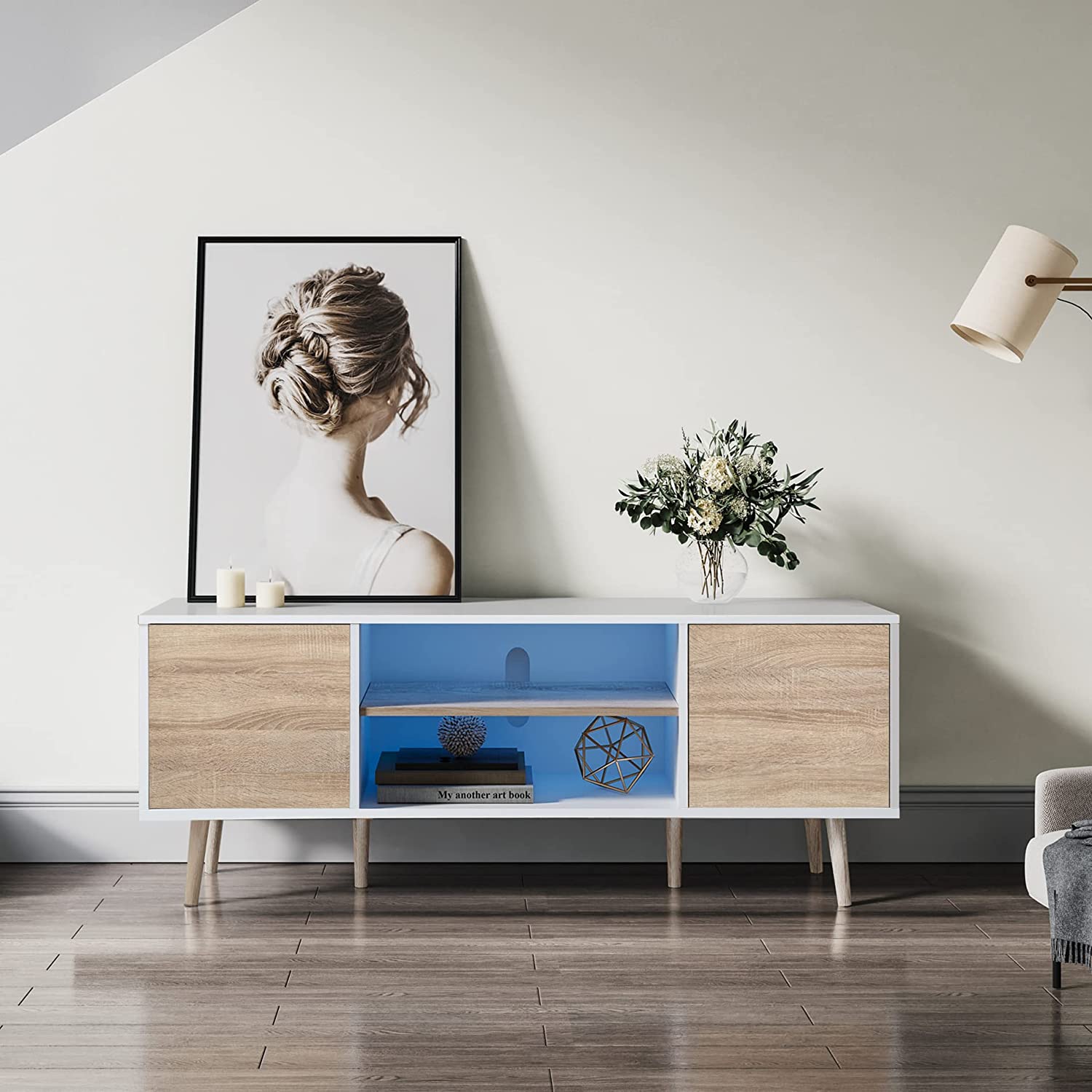 440 Solid Wood TV Unit - Mid-Century Modern Style - 180cm Wide TV Stand &  Media Cabinet - Long - Open Storage - Sliding Doors - Scandi Style Legs 