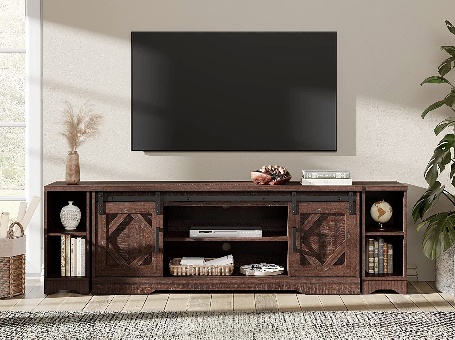WAMPAT Modern Farmhouse TV Stand for up to 85" TVs Wood Entertainment Center with Open Storage for Living Room, Rustic Brown