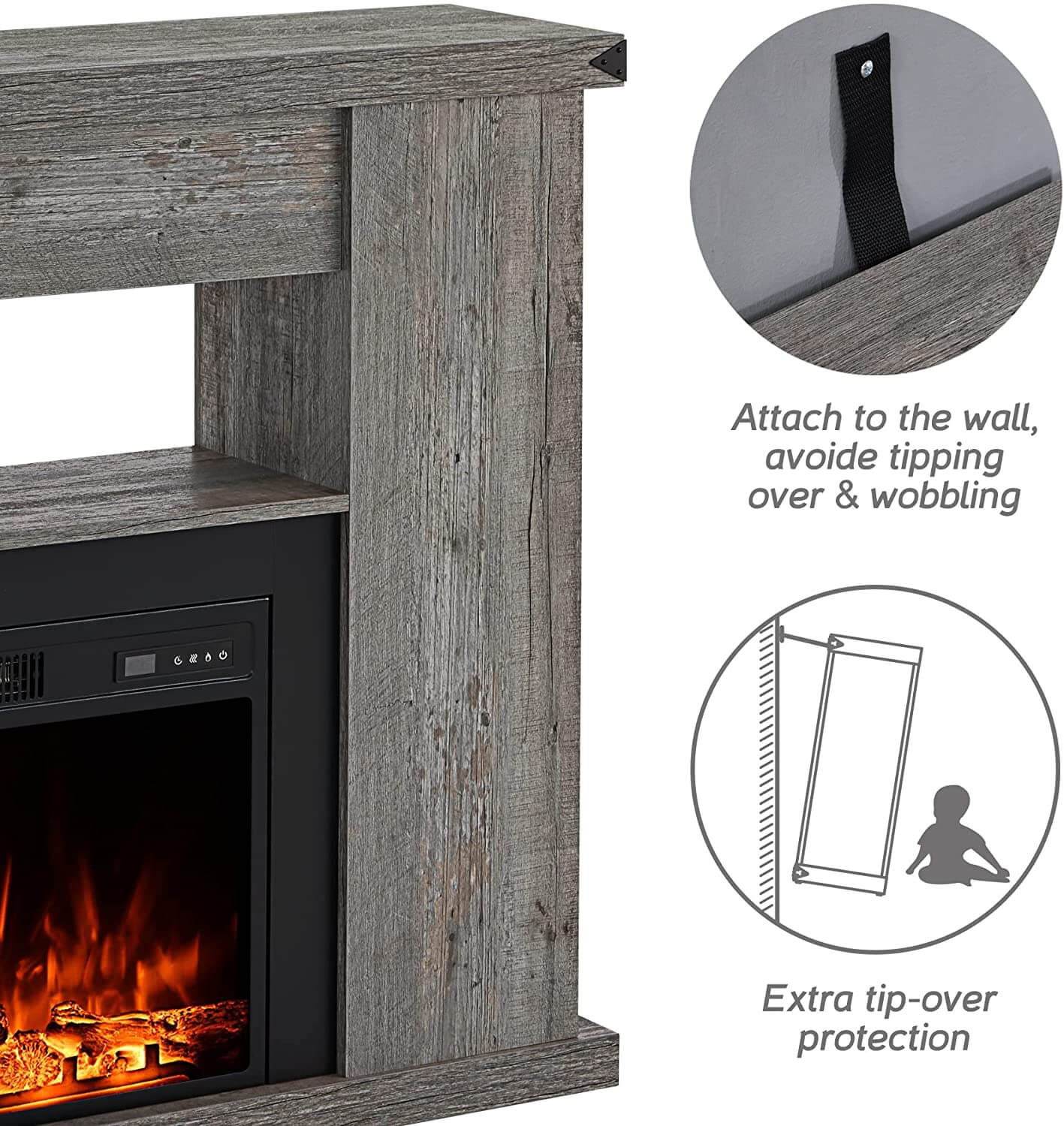 WAMPAT 47" Electric Fireplace with Mantel, Fire Place TV Stand Heater Entertainment Center, Grey