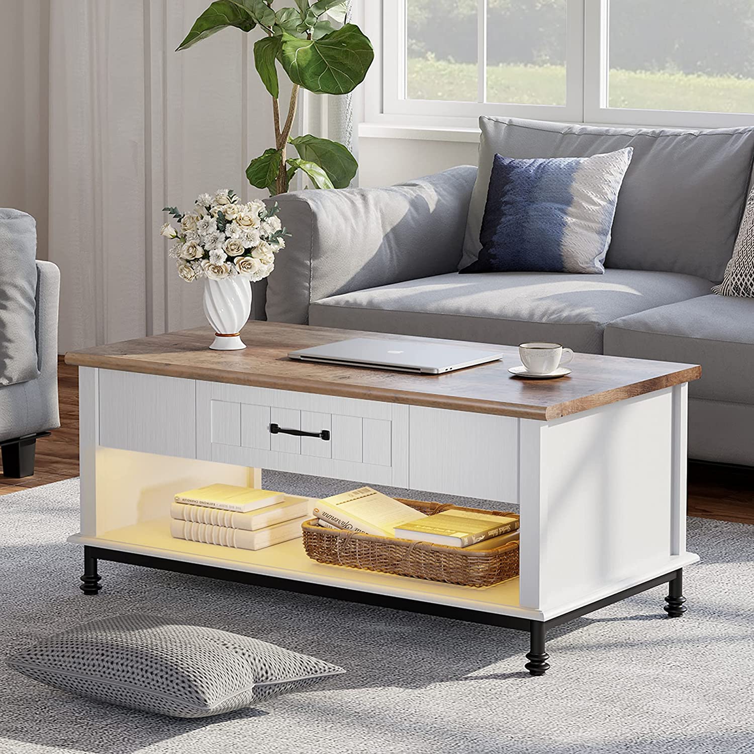 WAMPAT 42" Farmhouse Coffee Table with 1 Drawer & Open Storage Shelf for Living Room, Yellow LED Light, White