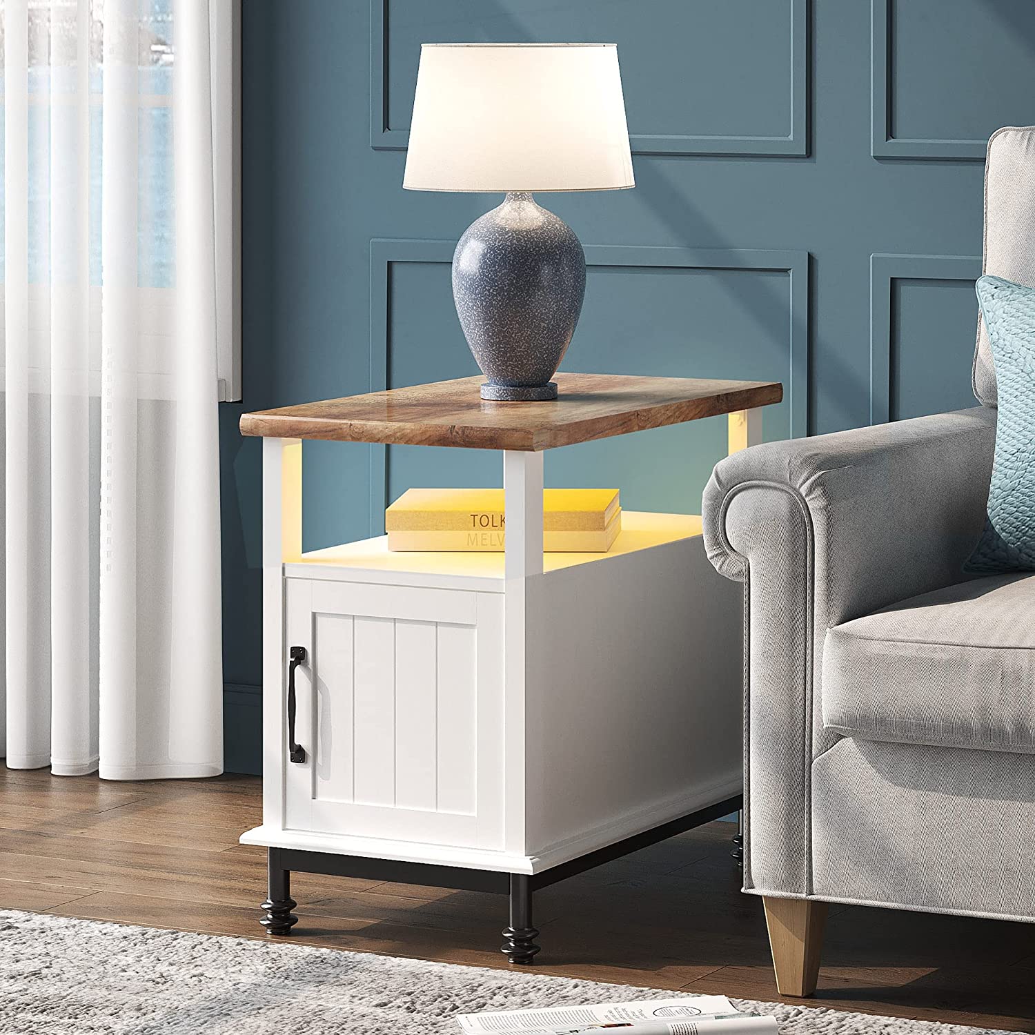 24" Farmhouse Nightstand, Premium Wood Accent End Side Table with Yellow LED Light