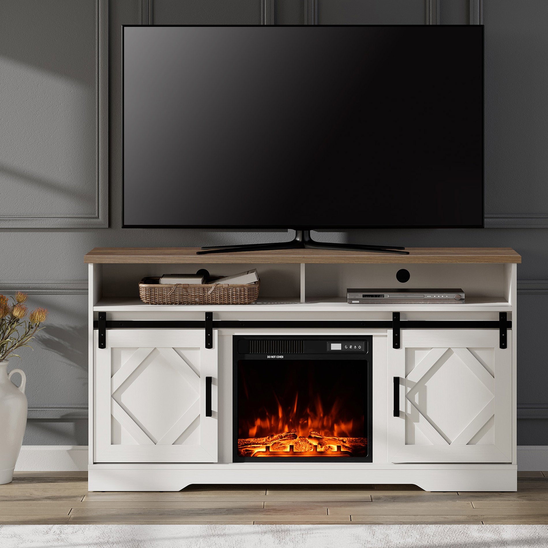 WAMPAT 60" Electric Fireplace TV Stand for TVs Up to 65 Inch, Farmhouse Wood Entertainment Center with Electric Fireplace, White