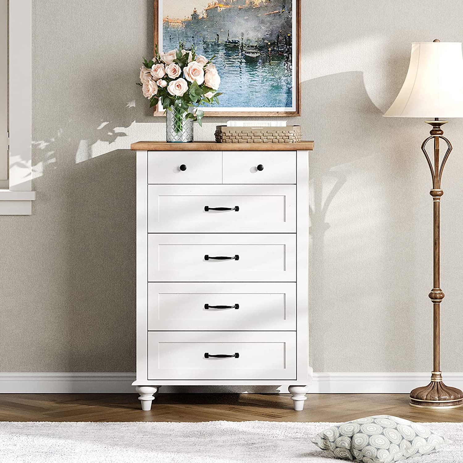 WAMPAT 27" Small Dresser for Bedroom with 5 Drawers, Tall Kids Dressers for Small Space, White
