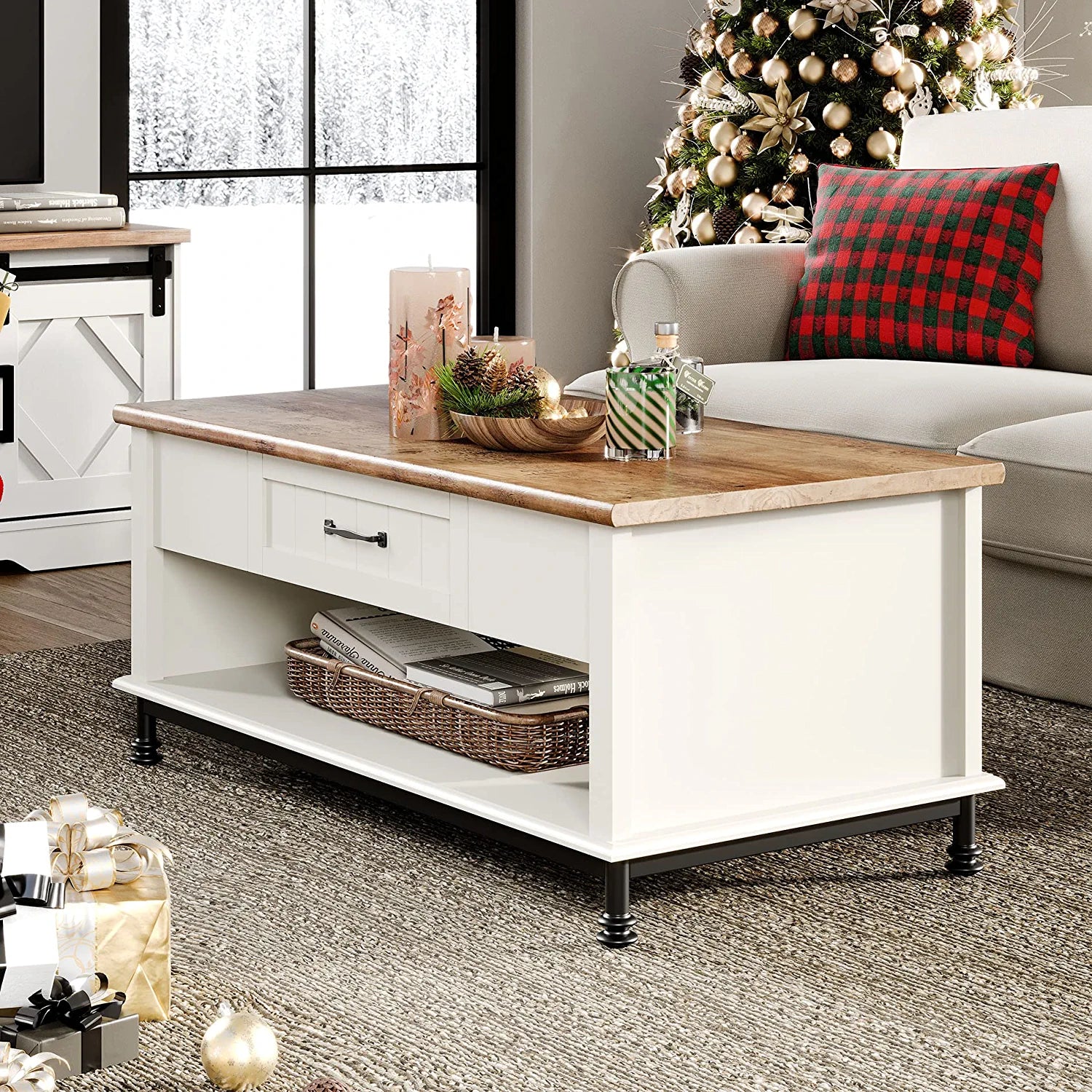 WAMPAT 42" Farmhouse Coffee Table with 1 Drawer & Open Storage Shelf for Living Room, White