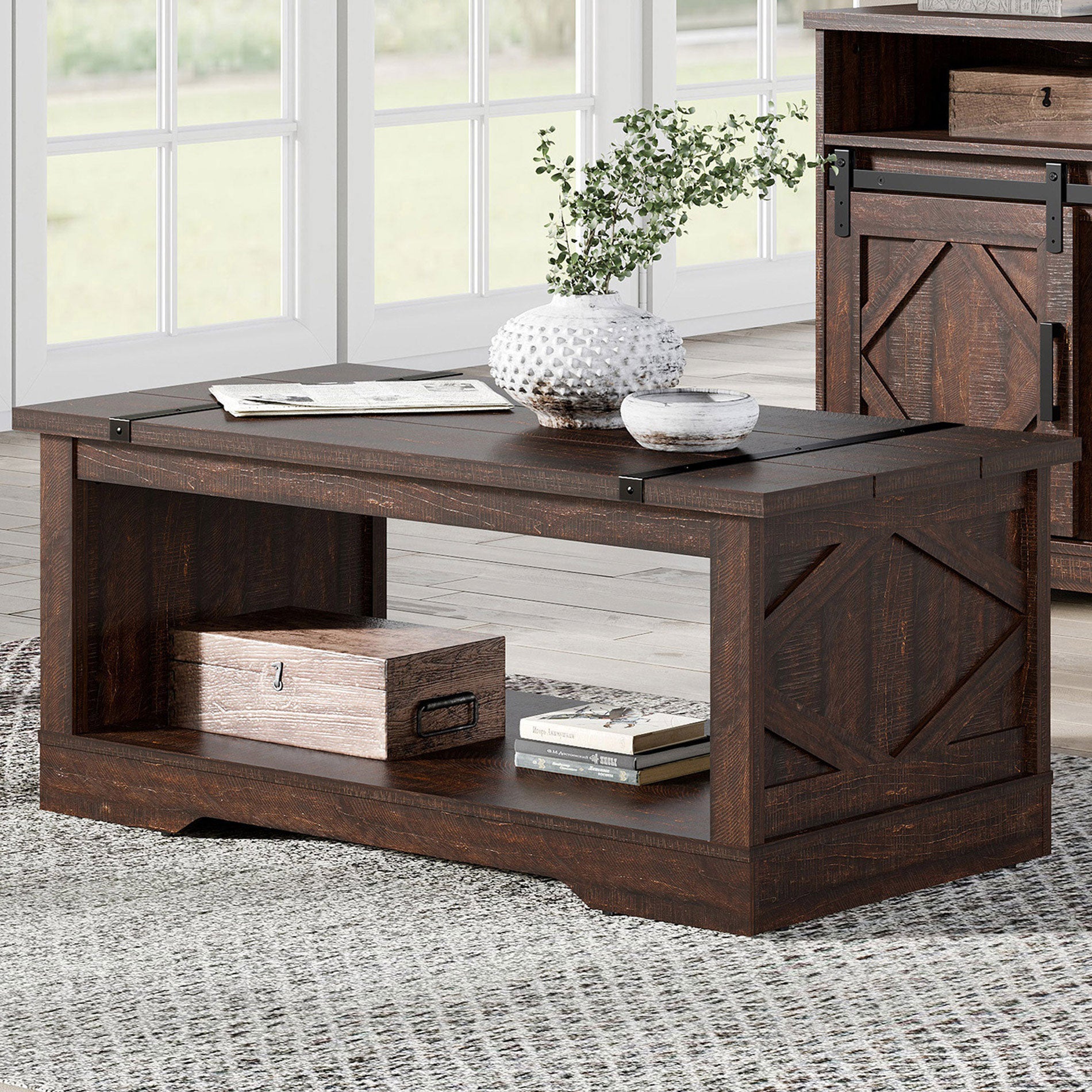 WAMPAT 42" Modern Farmhouse Coffee Table with Open Storage for Living Room, Rustic Brown