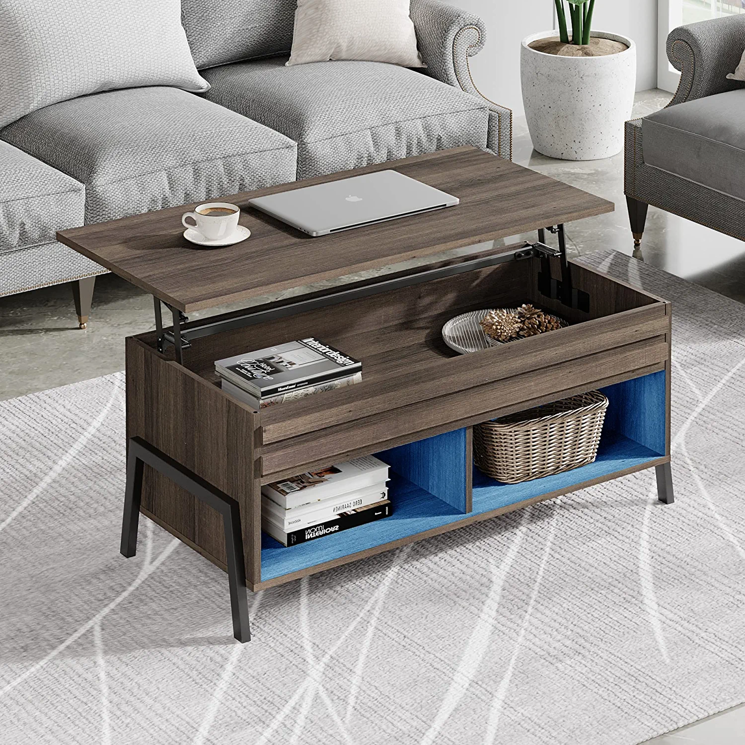 WAMPAT 42" Modern Lift Top Coffee Table with Lift Tabletop & Storage for Home Decor, Brown
